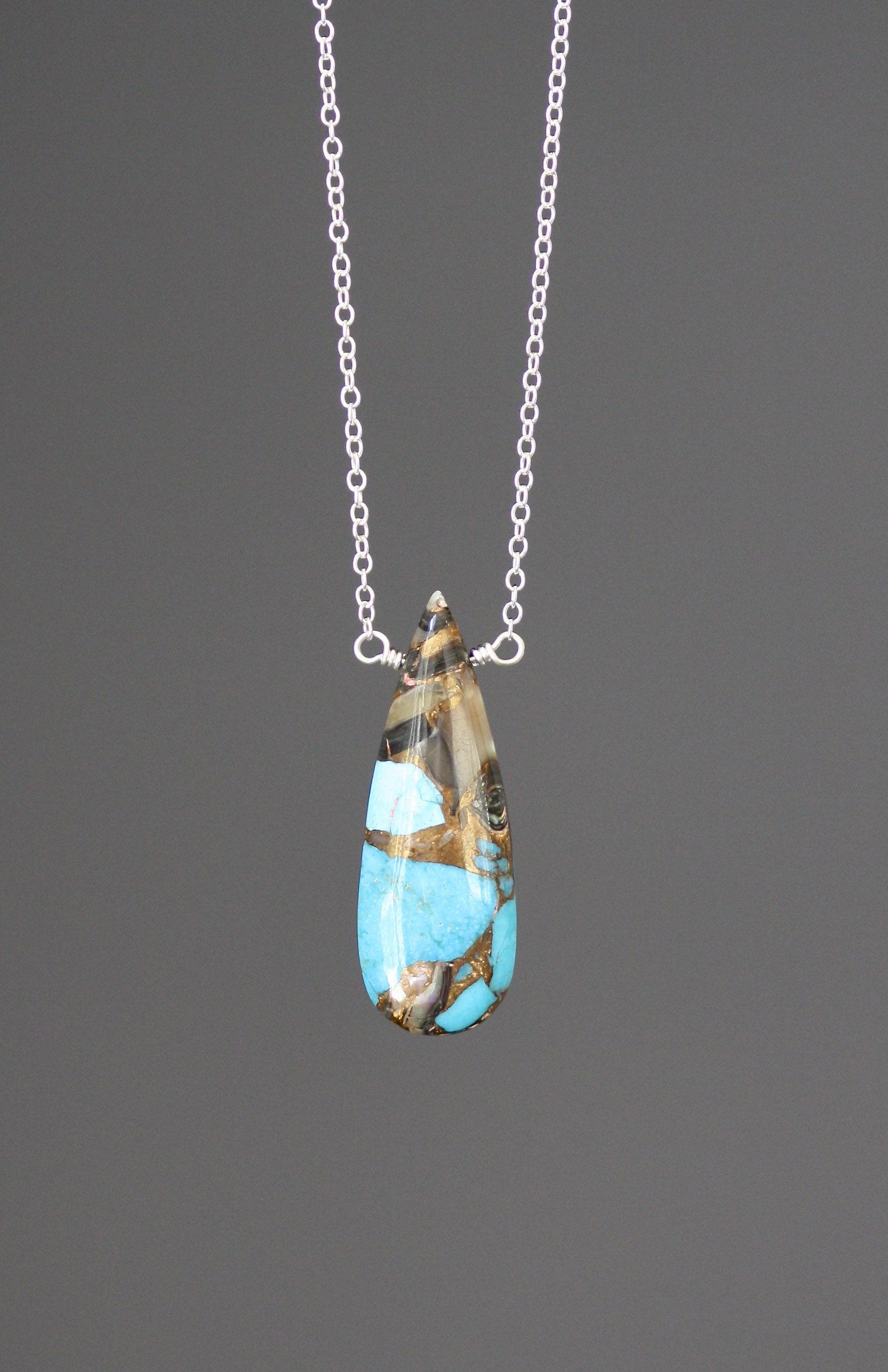 Copper Turquoise Teardrop Pendant on a Sterling Silver Chain