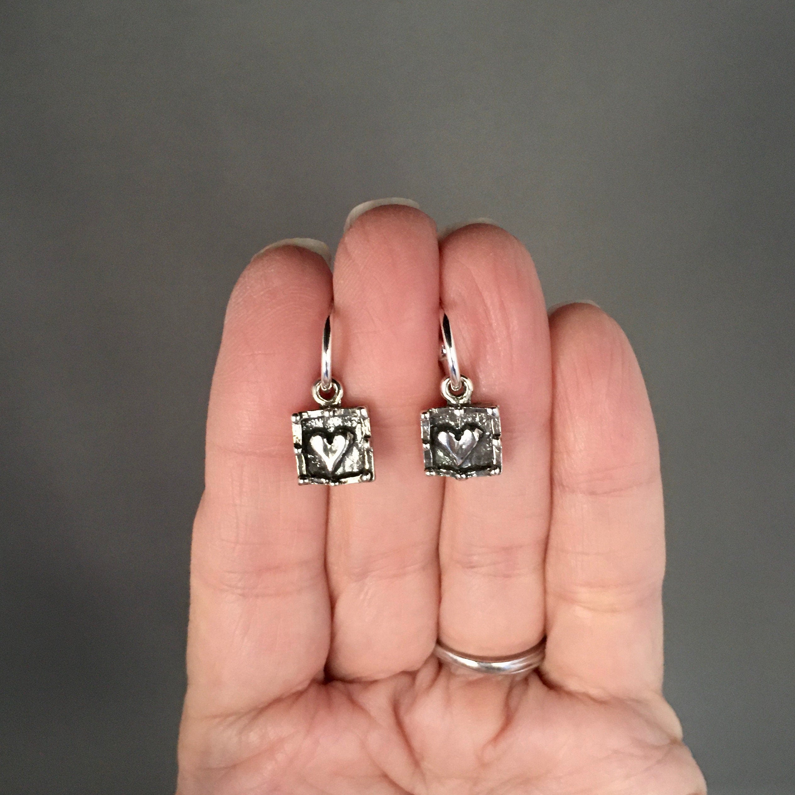 Bali Sterling Silver Heart Charm Earrings on Delicate Post Hoops