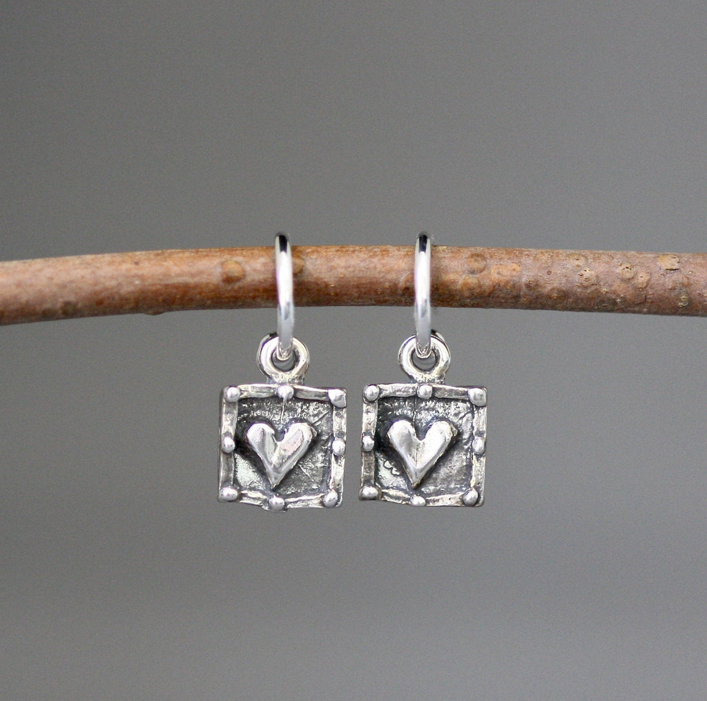 Bali Sterling Silver Heart Charm Earrings on Delicate Post Hoops