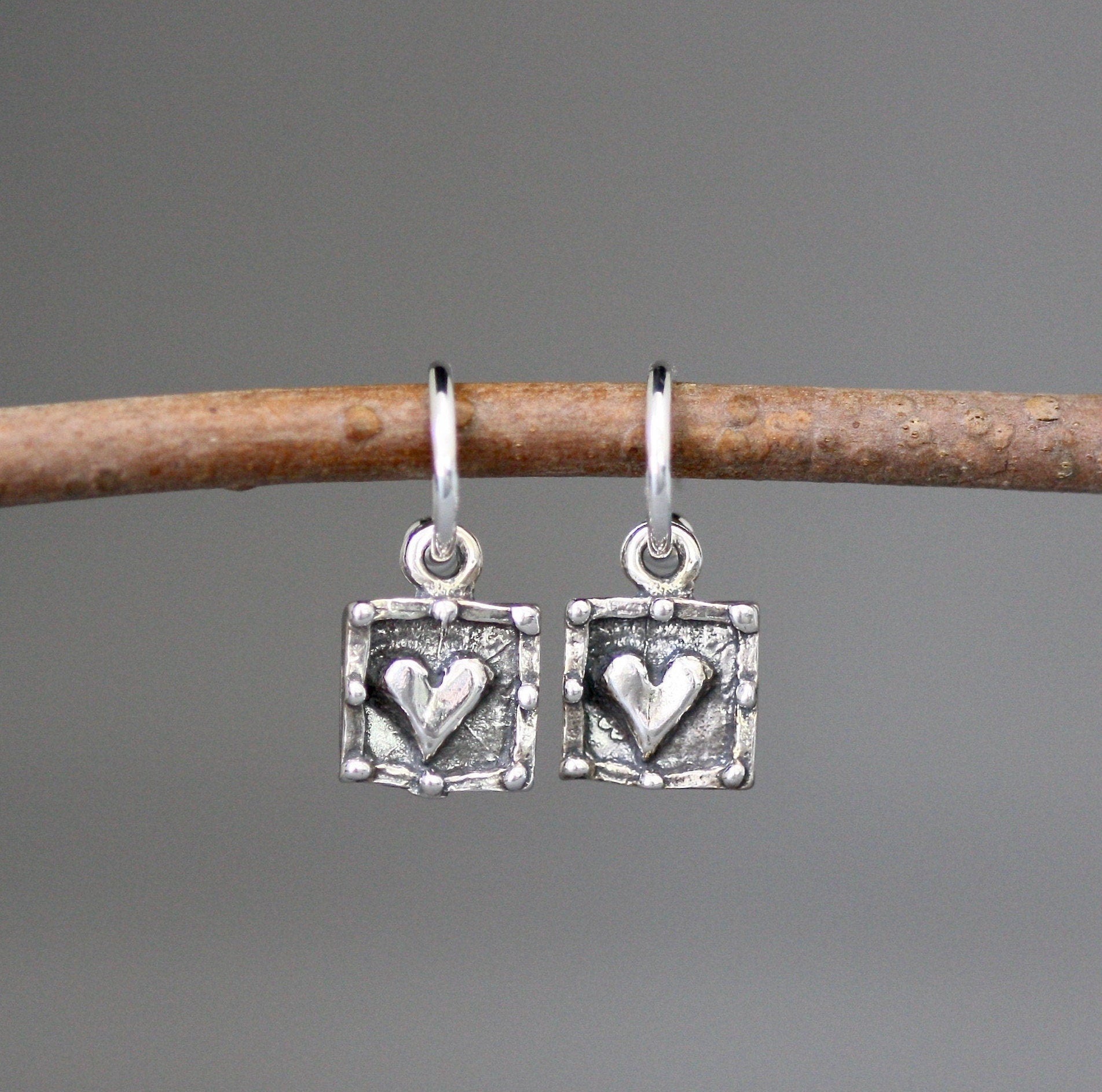 Bali Sterling Silver Heart Charm Earrings on Delicate Post Hoops