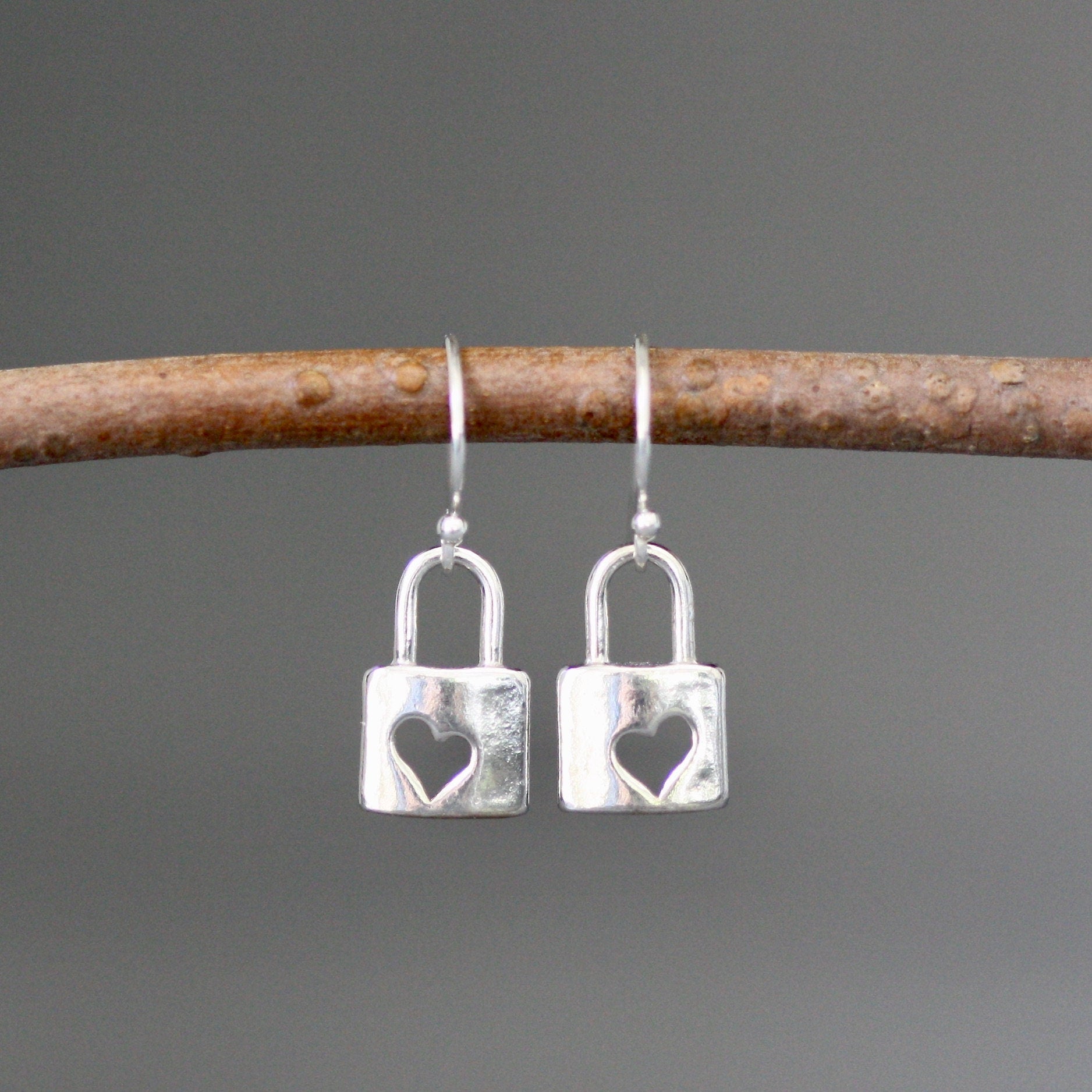 Sterling Silver Heart Cutout Padlock Charm Dangle Earrings