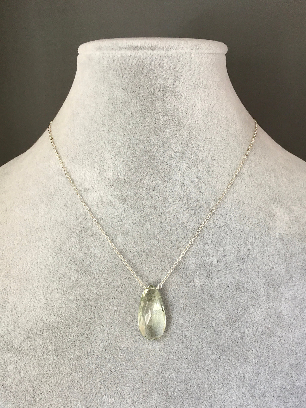 Green Amethyst Teardrop Gemstone Pendant Necklace in Silver