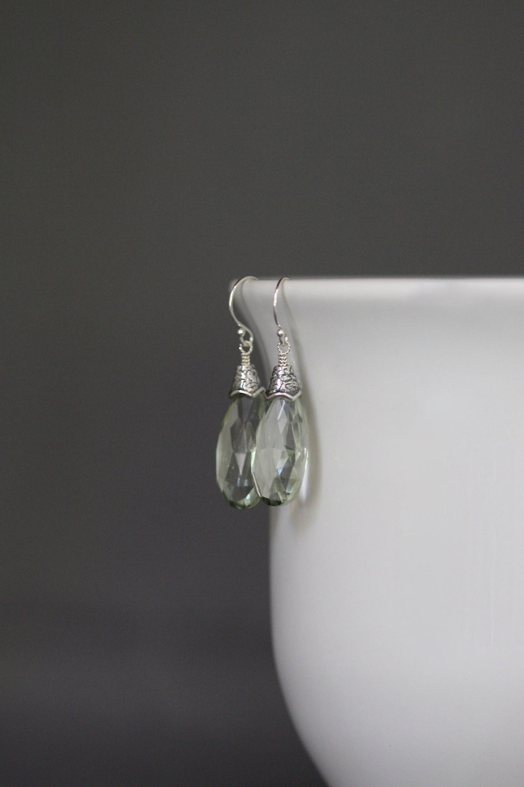 Green Amethyst Teardrop Dangle Earrings with Bali Sterling Silver Caps