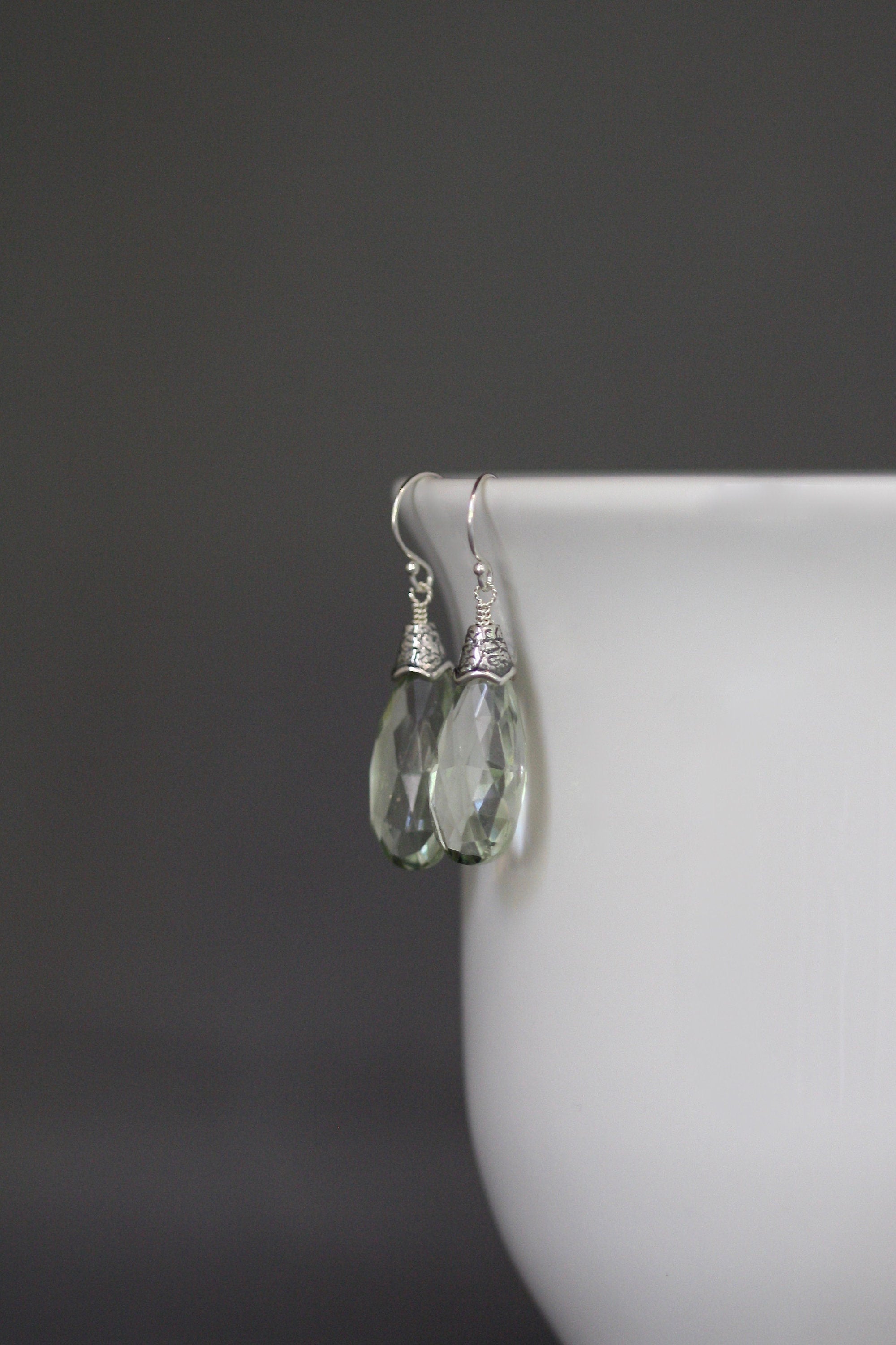 Green Amethyst Teardrop Dangle Earrings with Bali Sterling Silver Caps
