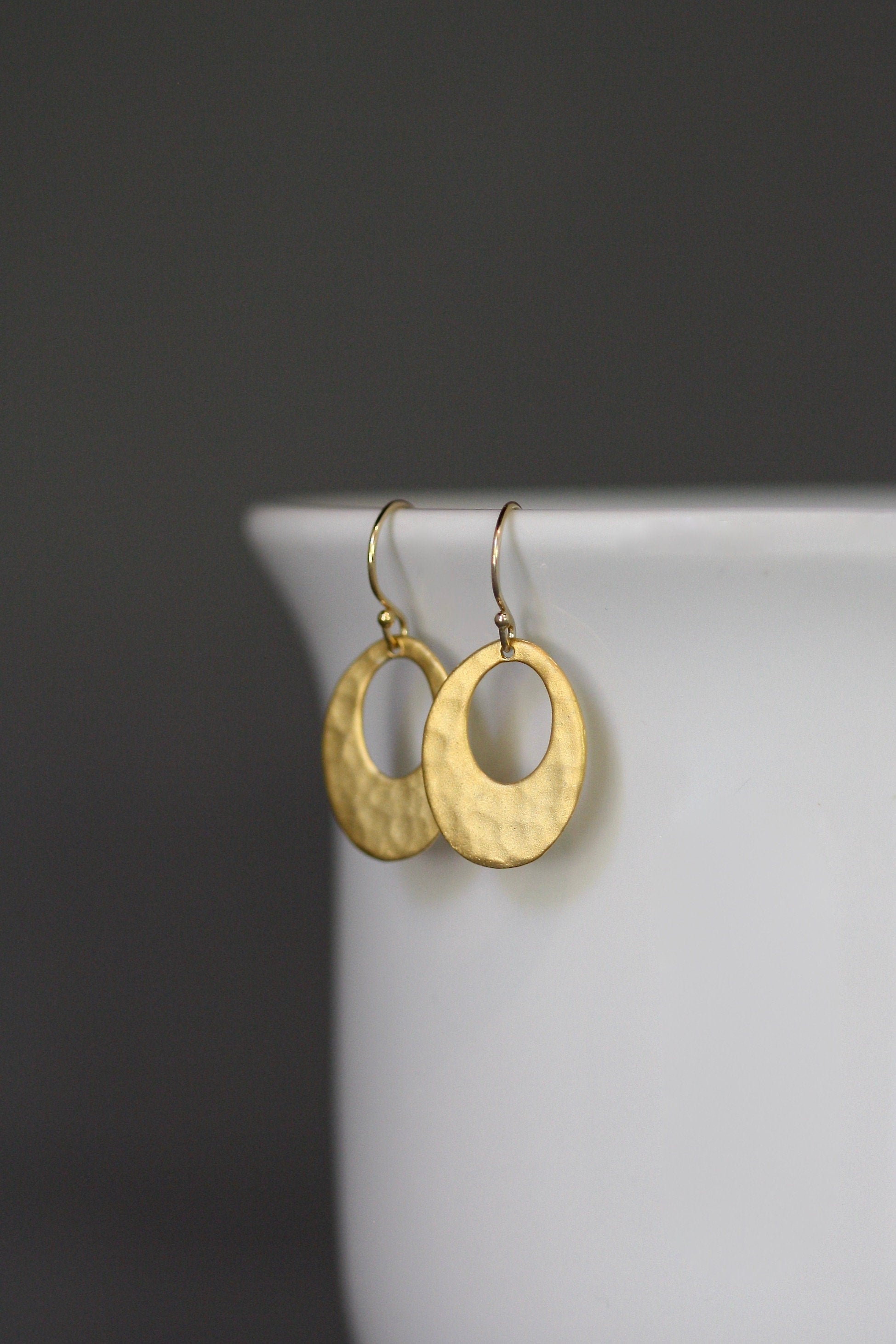 Hammered Matte Gold Vermeil Oval Cutout Dangle Earrings