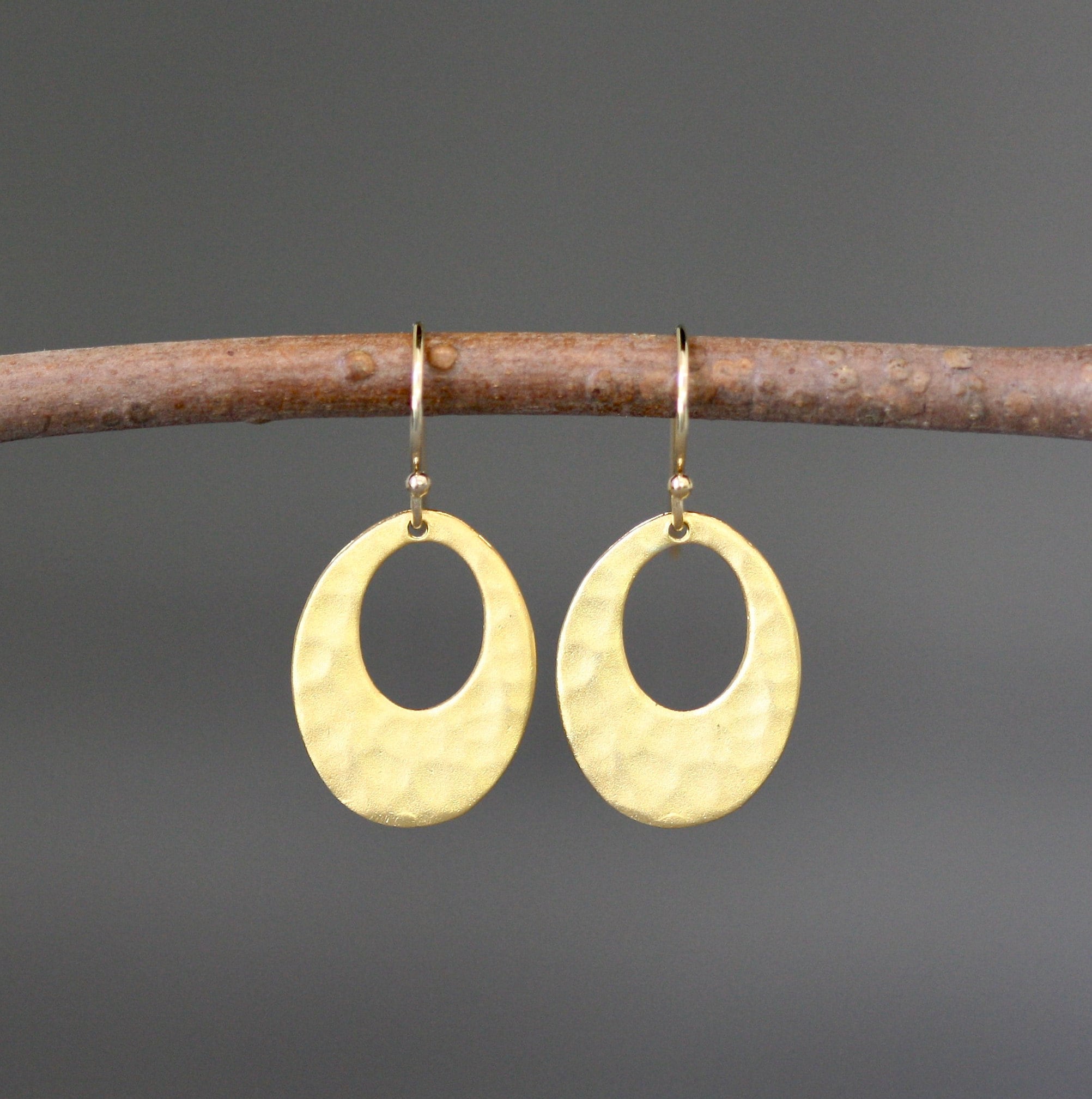 Hammered Matte Gold Vermeil Oval Cutout Dangle Earrings