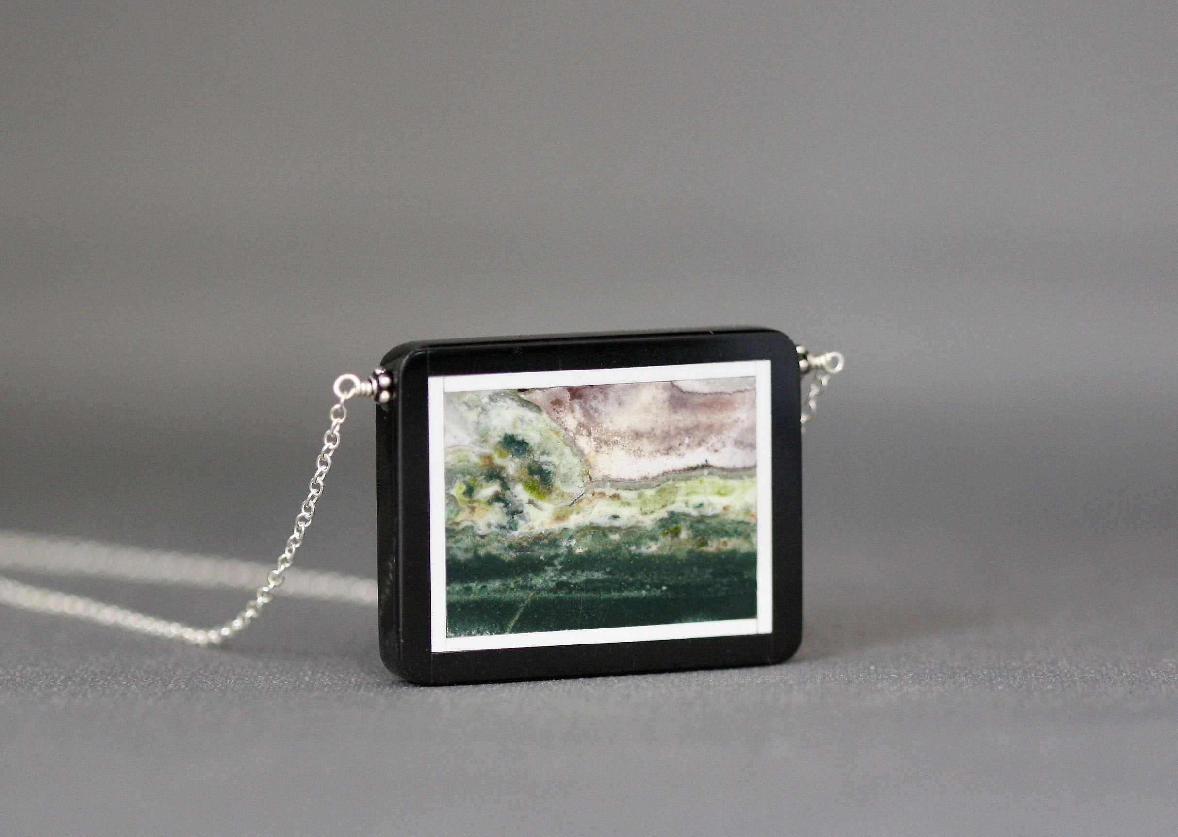 Picture Jasper and Black Onyx Framed Pendant Necklace in Sterling Silver