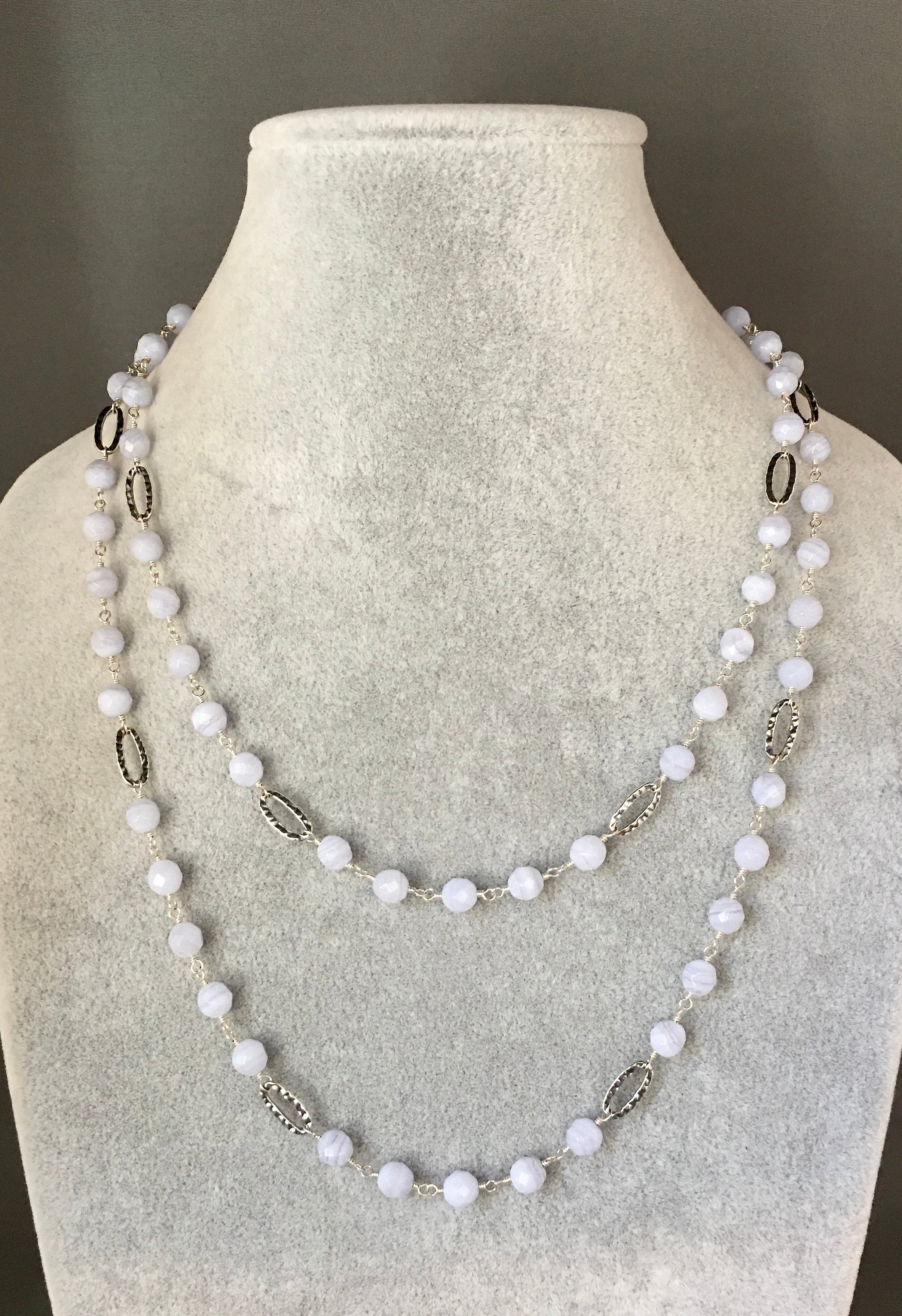 Blue Lace Agate Beaded Necklace with Hammered Bali Sterling Silver Links