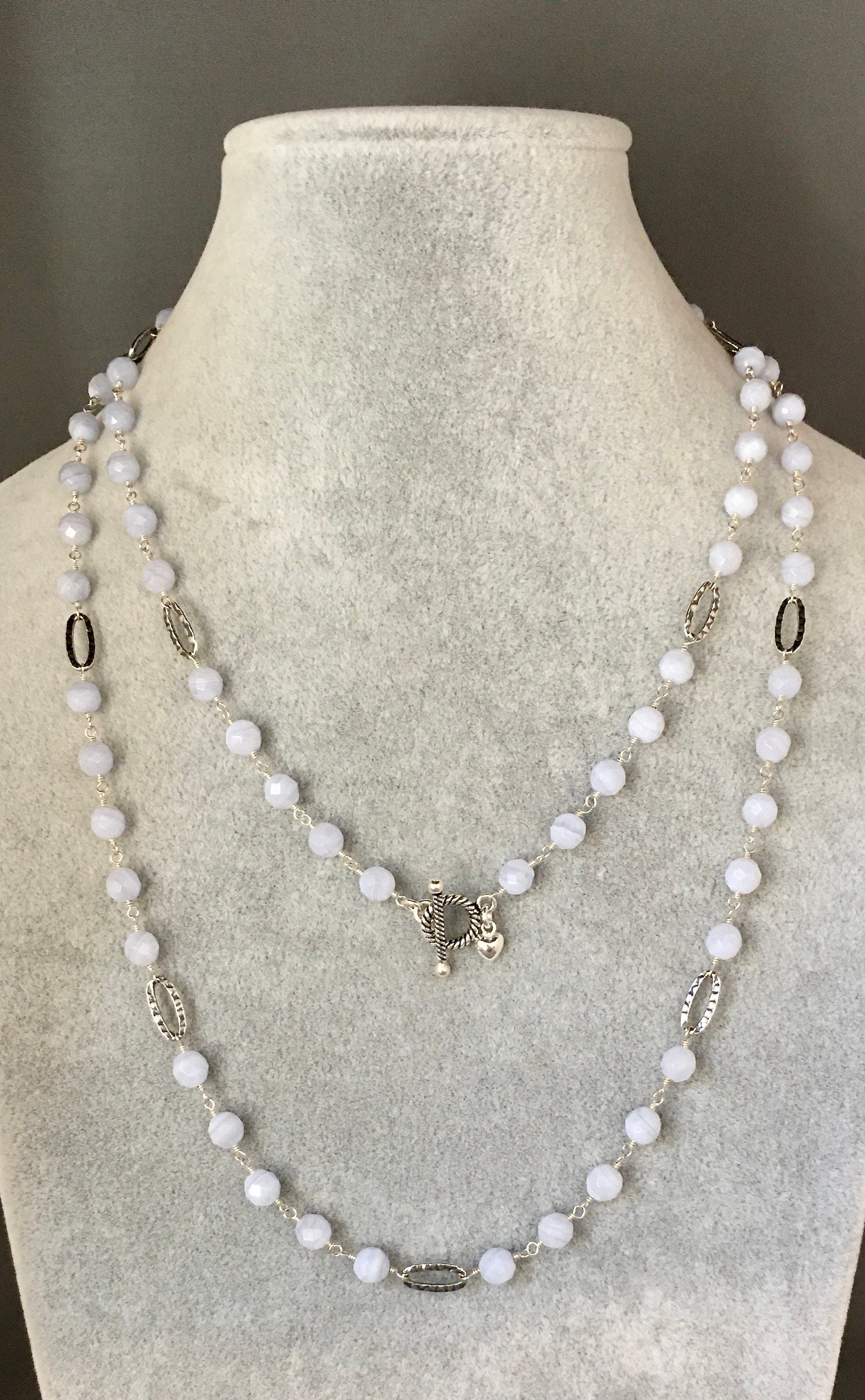 Blue Lace Agate Beaded Necklace with Hammered Bali Sterling Silver Links