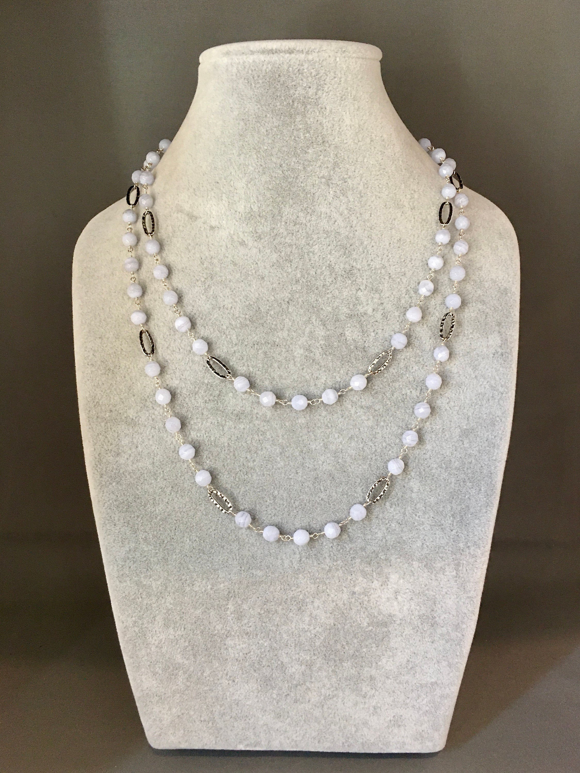 Blue Lace Agate Beaded Necklace with Hammered Bali Sterling Silver Links