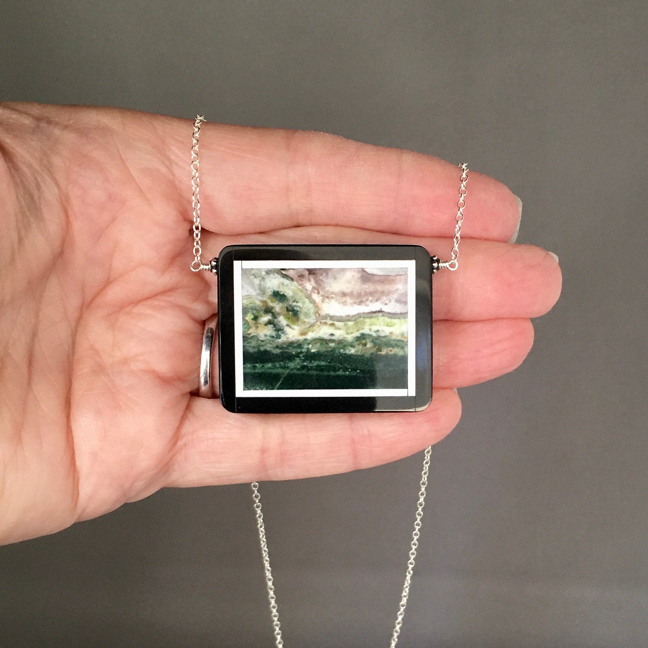 Picture Jasper and Black Onyx Framed Pendant Necklace in Sterling Silver