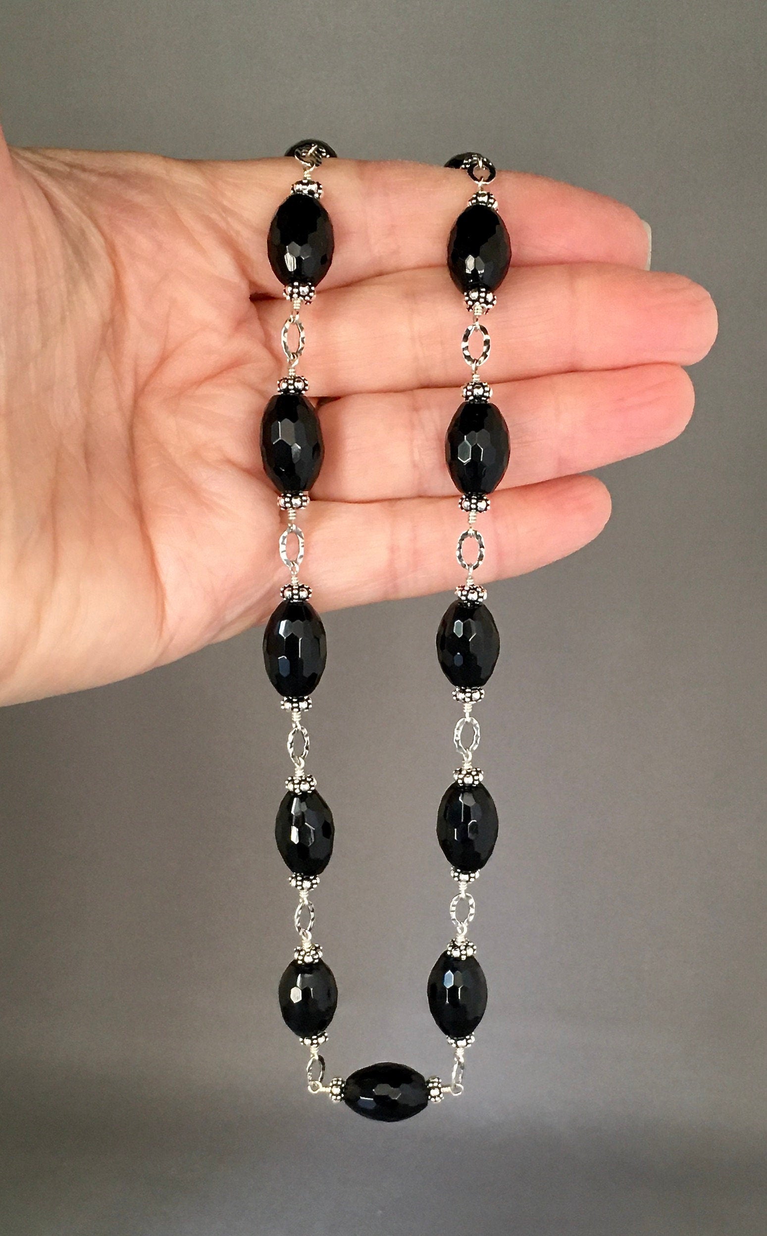 Black Onyx Barrel and Bali Sterling Silver Beaded Statement Necklace