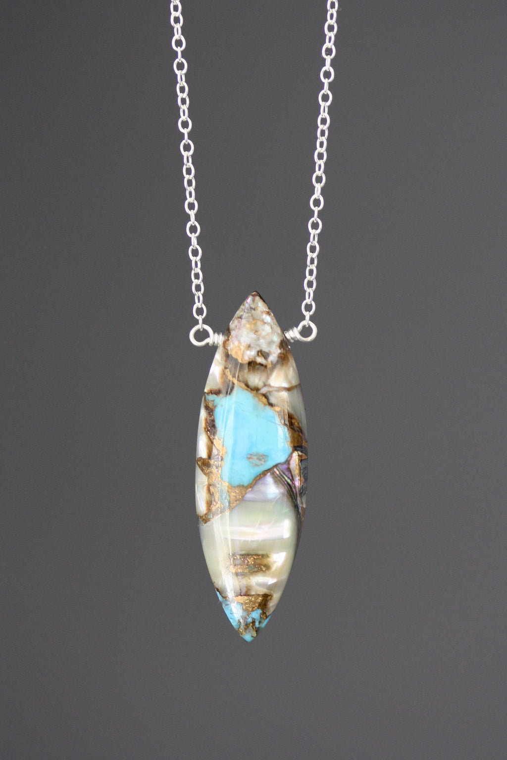 Turquoise and Bronze Abalone Marquise Stone Pendant on a Sterling Silver Chain