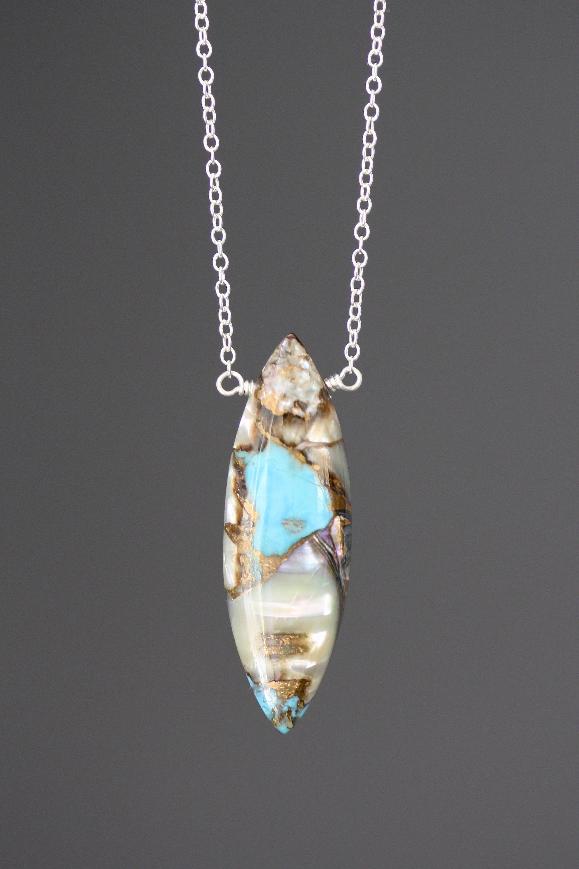 Turquoise and Bronze Abalone Marquise Stone Pendant on a Sterling Silver Chain
