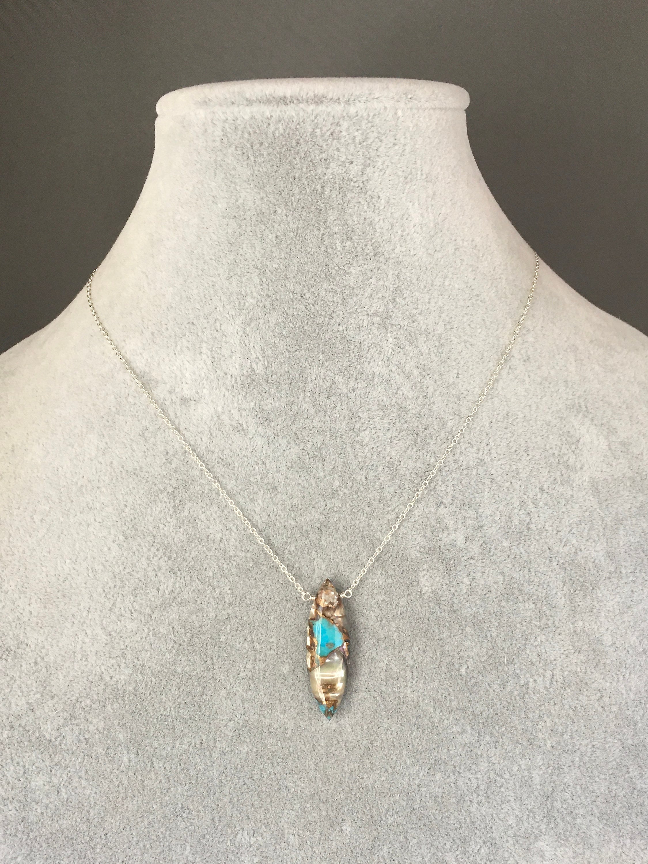 Turquoise and Bronze Abalone Marquise Stone Pendant on a Sterling Silver Chain