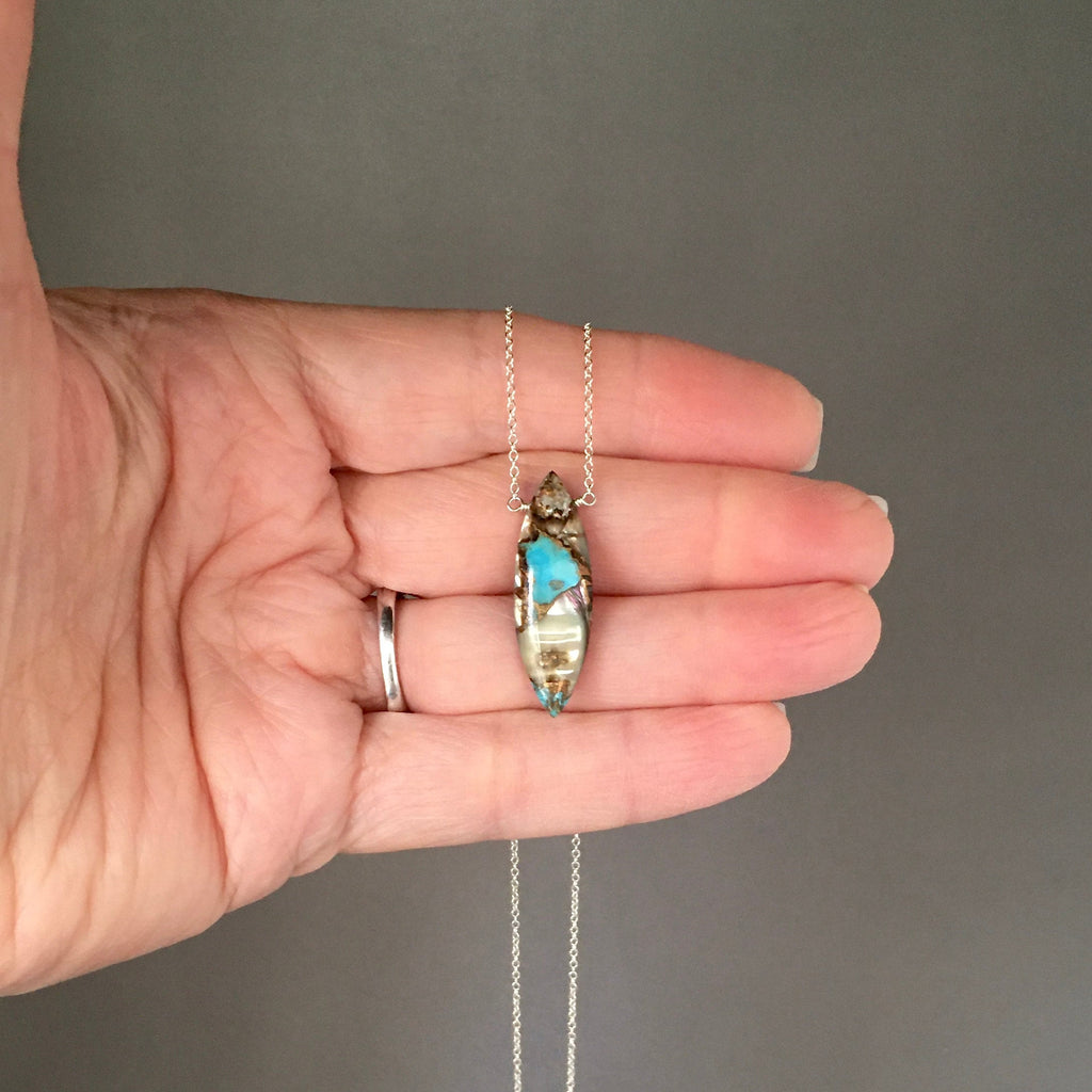 Turquoise and Bronze Abalone Marquise Stone Pendant on a Sterling Silver Chain