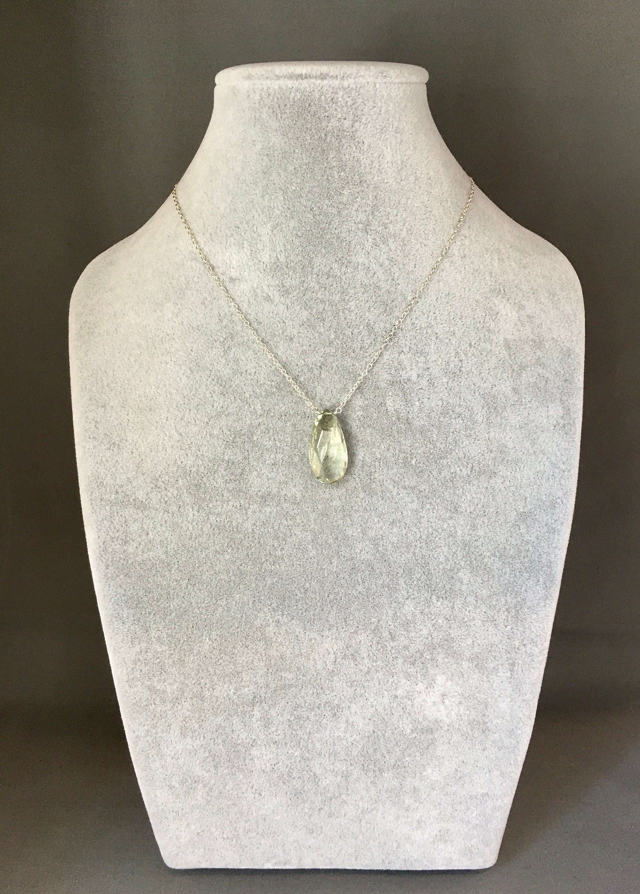 Green Amethyst Teardrop Gemstone Pendant Necklace in Silver
