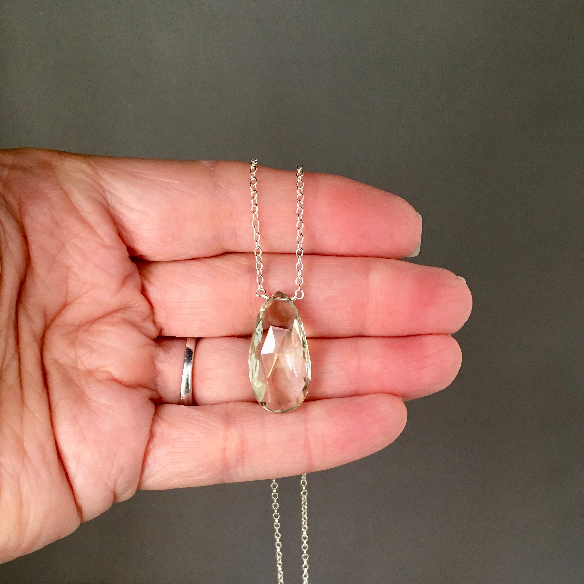 Green Amethyst Teardrop Gemstone Pendant Necklace in Silver