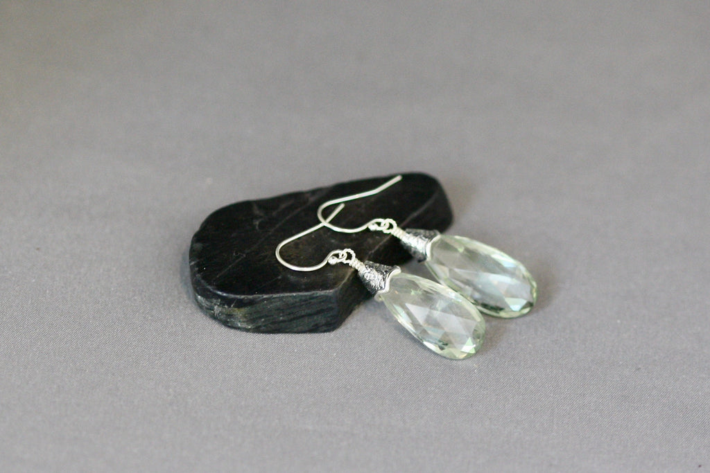 Green Amethyst Teardrop Dangle Earrings with Bali Sterling Silver Caps