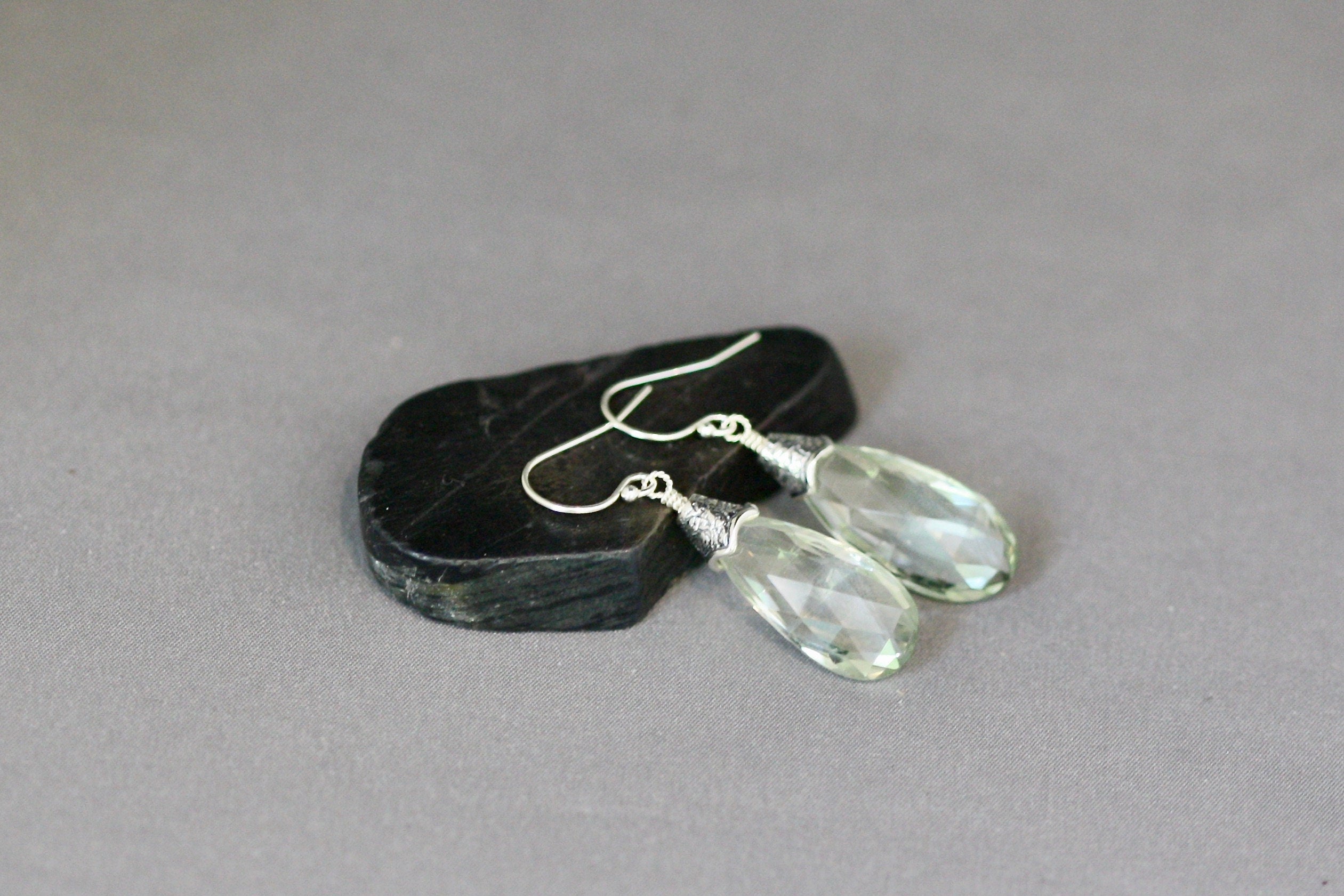 Green Amethyst Teardrop Dangle Earrings with Bali Sterling Silver Caps