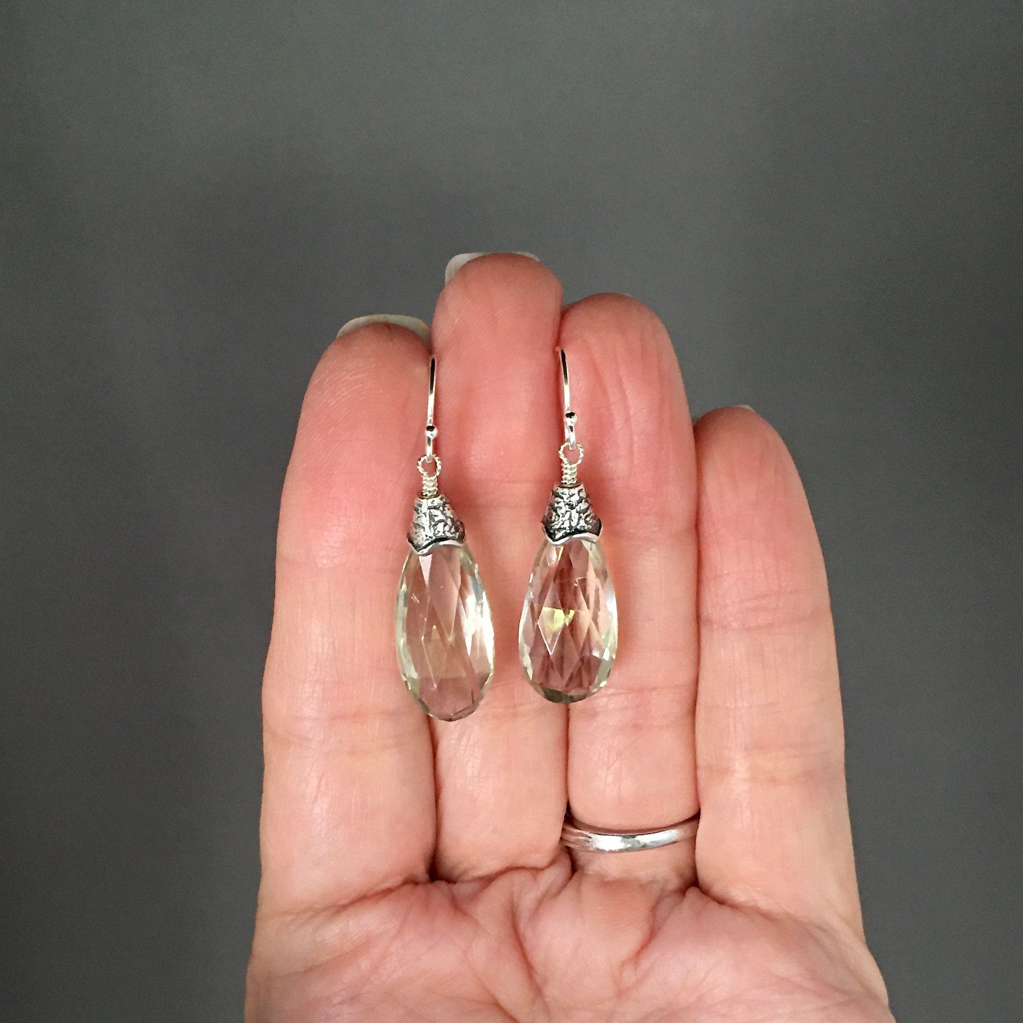 Green Amethyst Teardrop Dangle Earrings with Bali Sterling Silver Caps