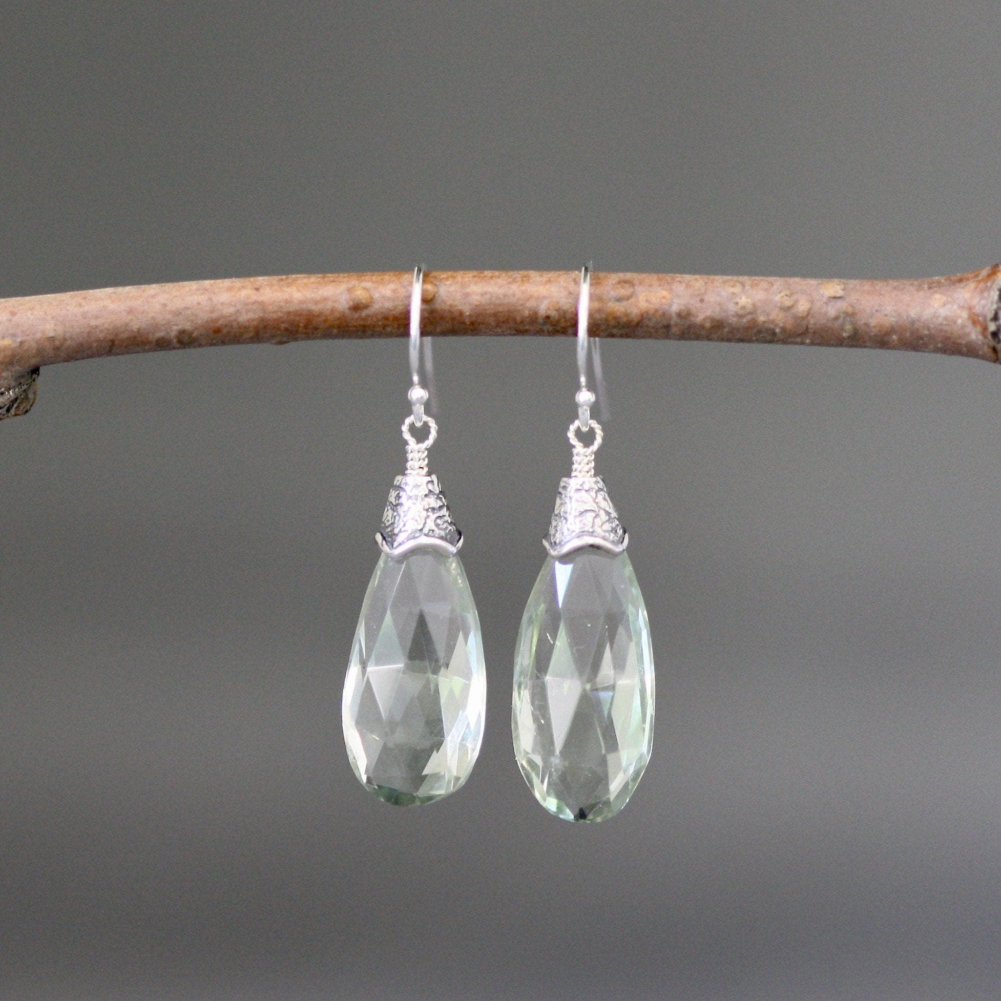Green Amethyst Teardrop Dangle Earrings with Bali Sterling Silver Caps