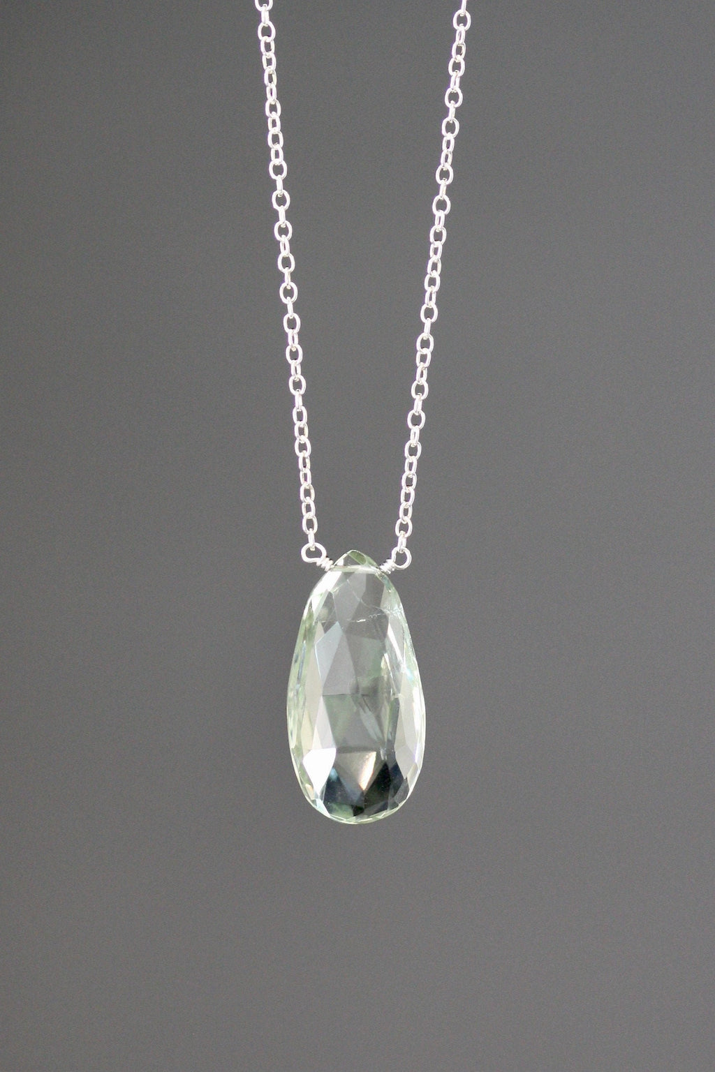 Green Amethyst Teardrop Gemstone Pendant Necklace in Silver