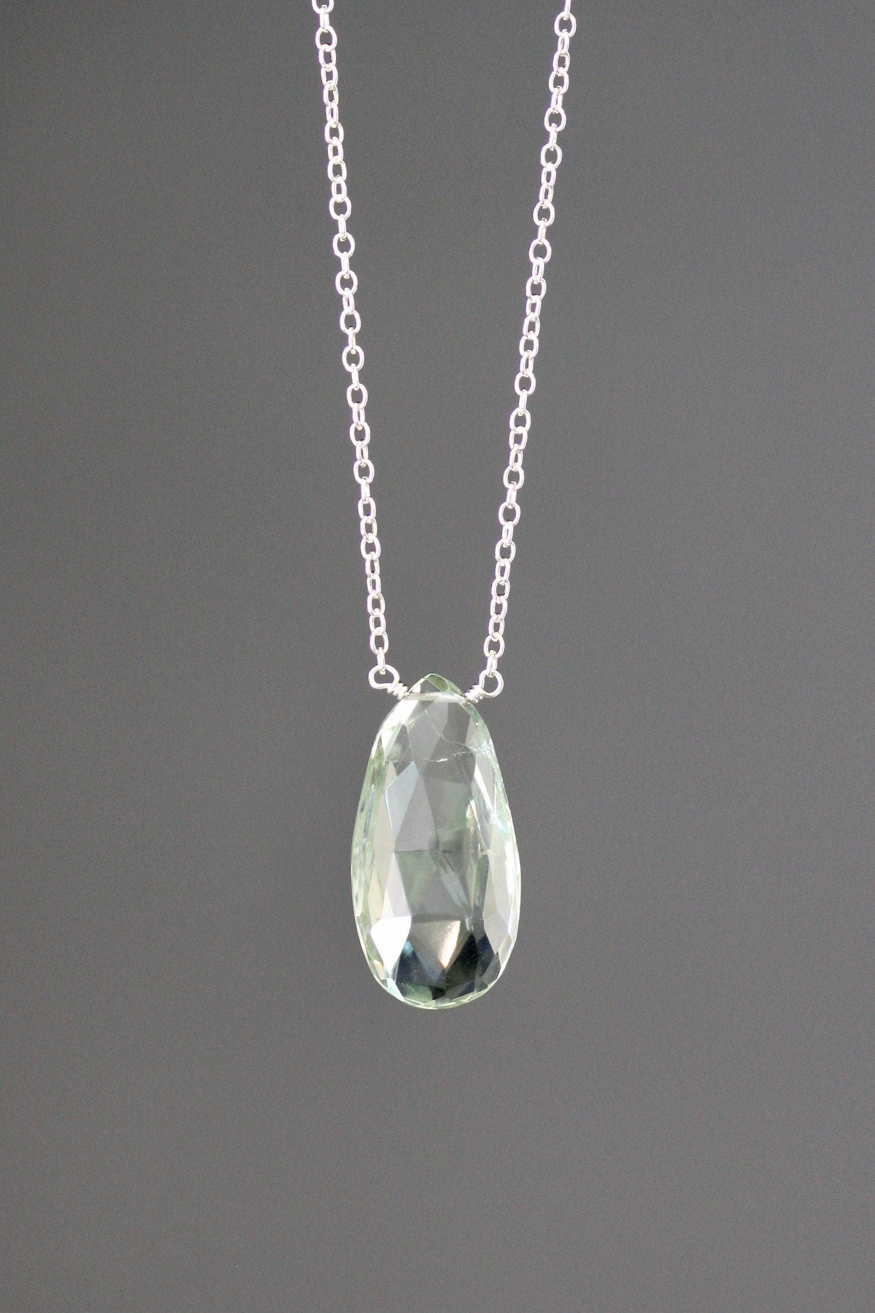 Green Amethyst Teardrop Gemstone Pendant Necklace in Silver