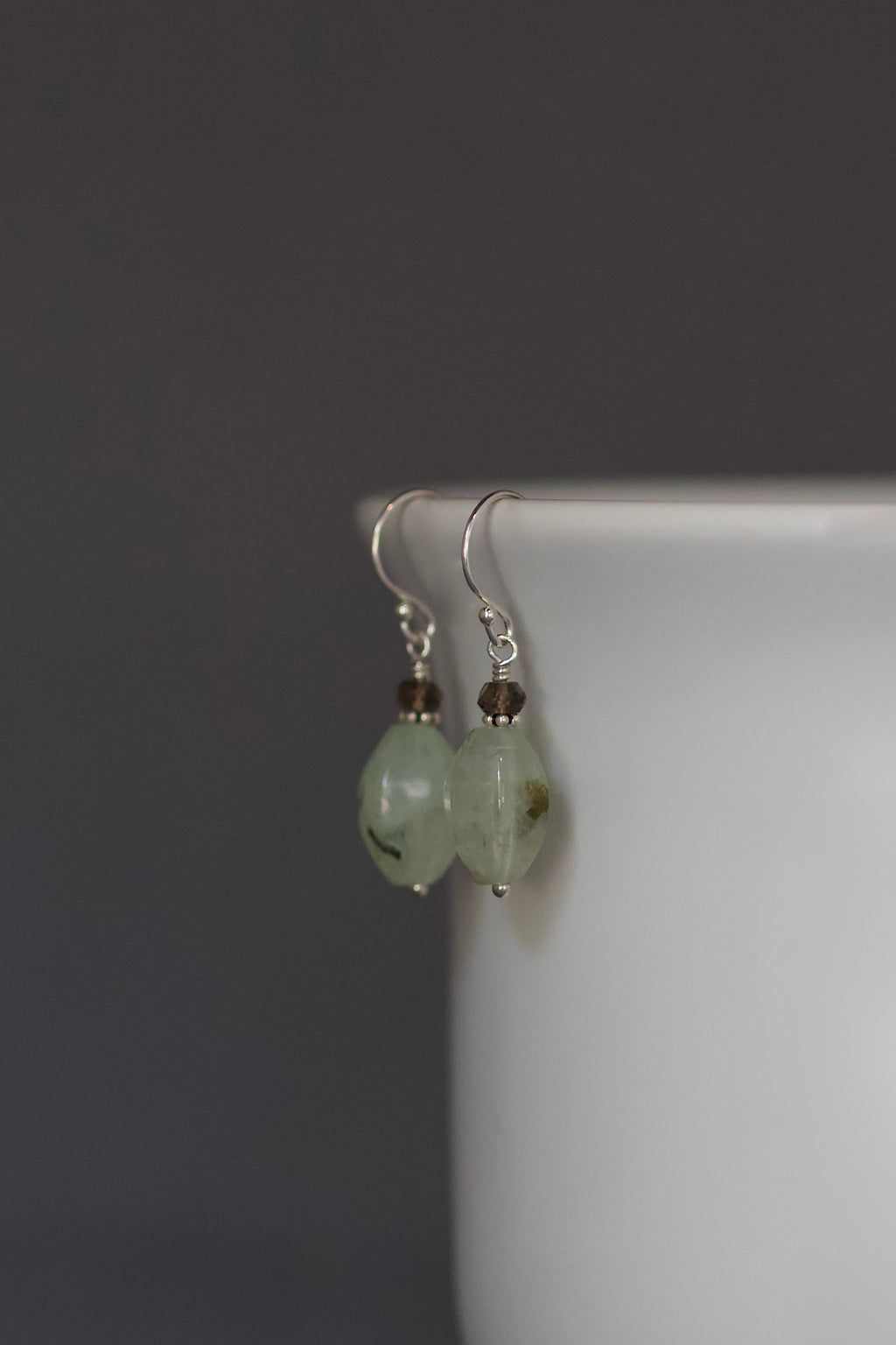Prehnite and Smokey Quartz Sterling Silver Dangle Earrings