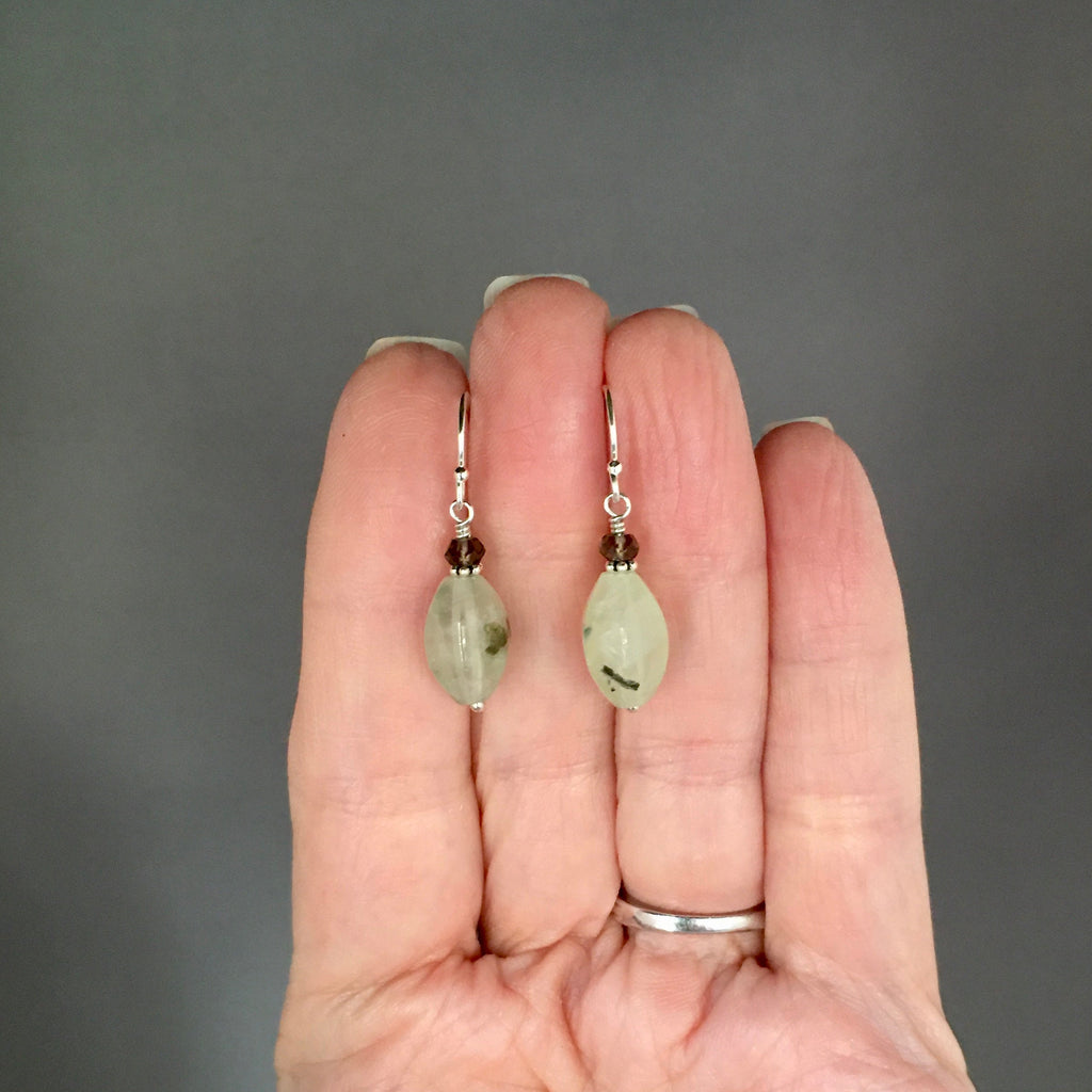 Prehnite and Smokey Quartz Sterling Silver Dangle Earrings