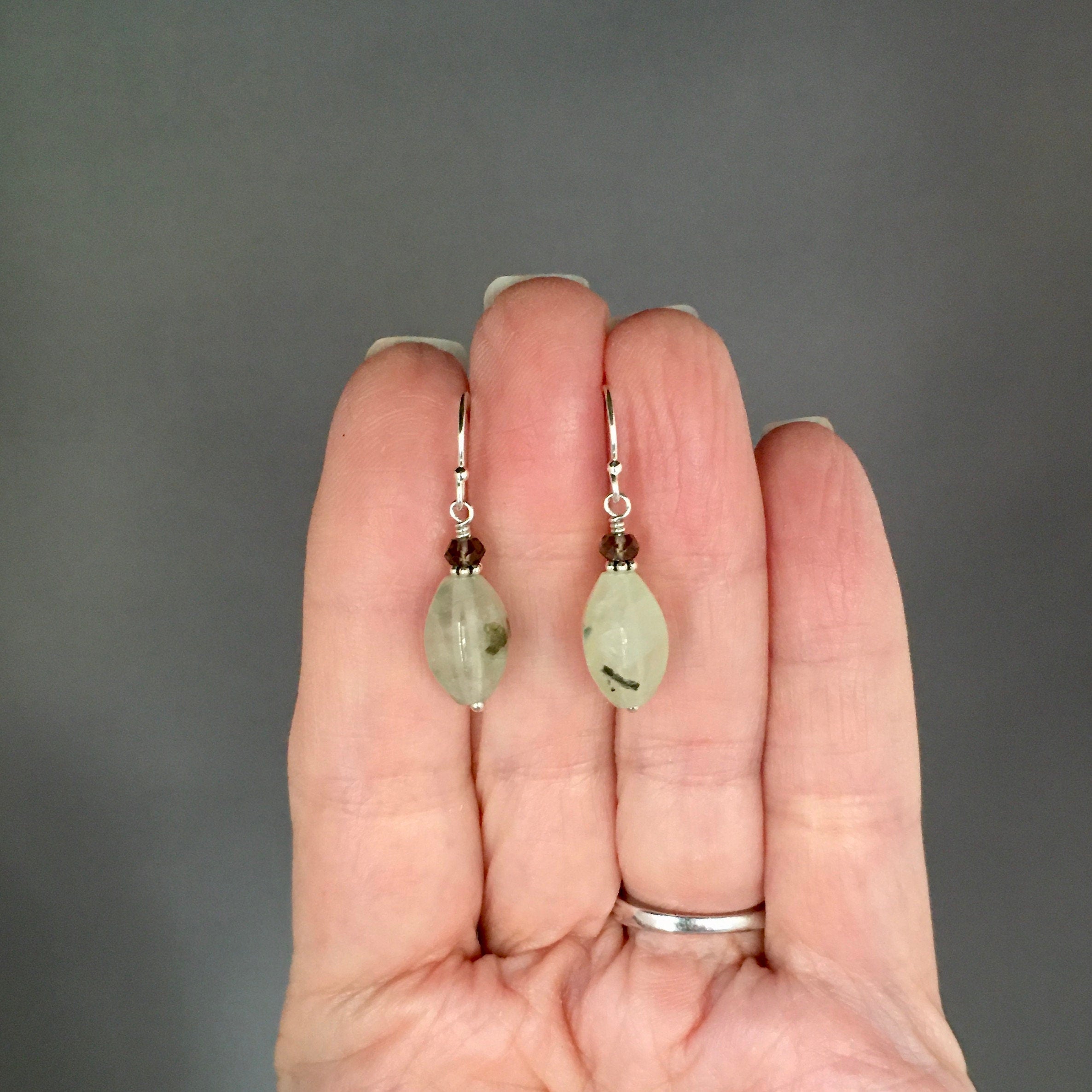 Prehnite and Smokey Quartz Sterling Silver Dangle Earrings