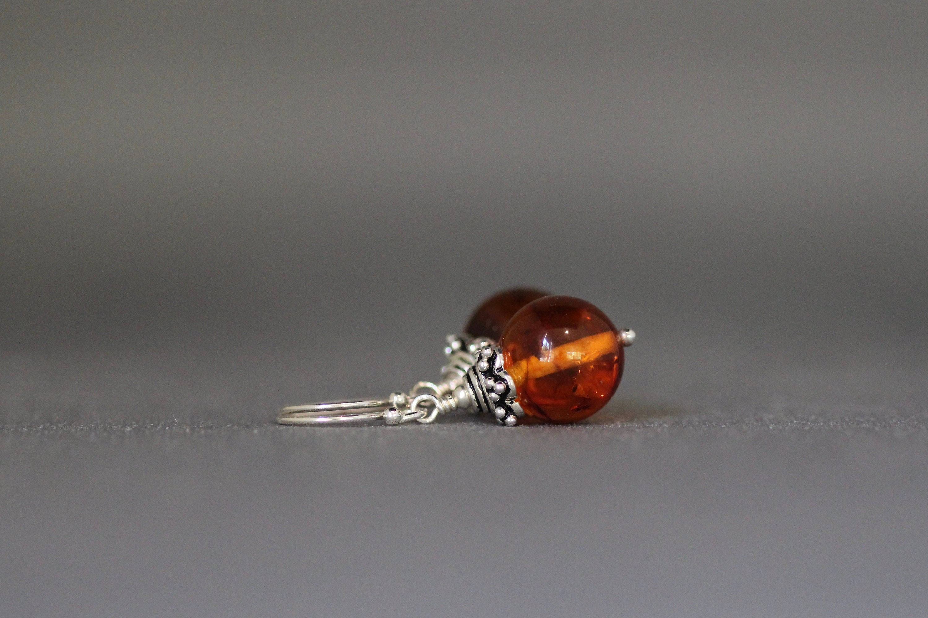 Natural Baltic Orange Amber Stone and Bali Sterling Silver Dangle Earrings