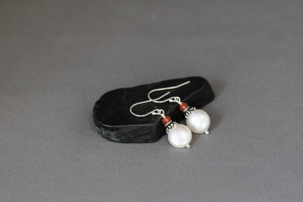 Freshwater Coin Pearl and Carnelian Sterling Silver Dangle Earrings