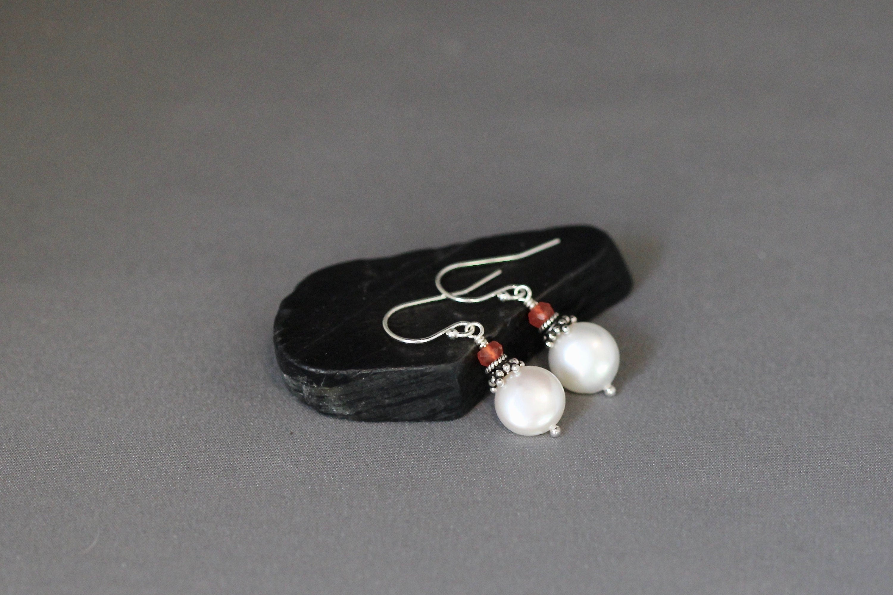 Freshwater Coin Pearl and Carnelian Sterling Silver Dangle Earrings
