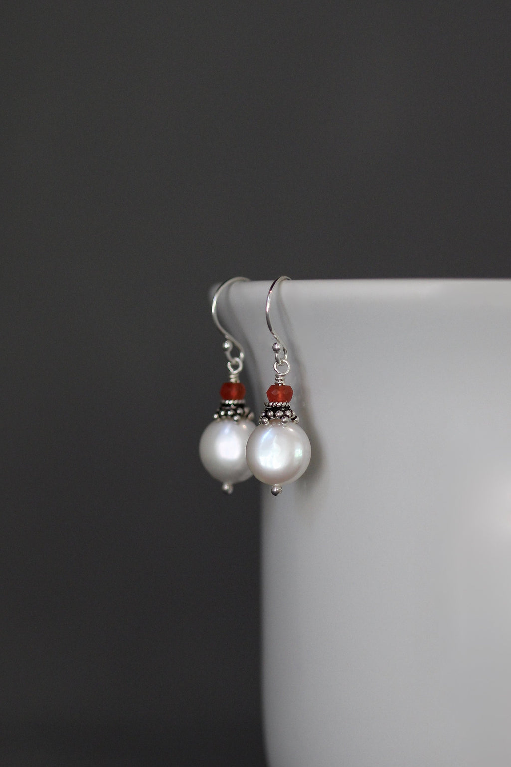 Freshwater Coin Pearl and Carnelian Sterling Silver Dangle Earrings