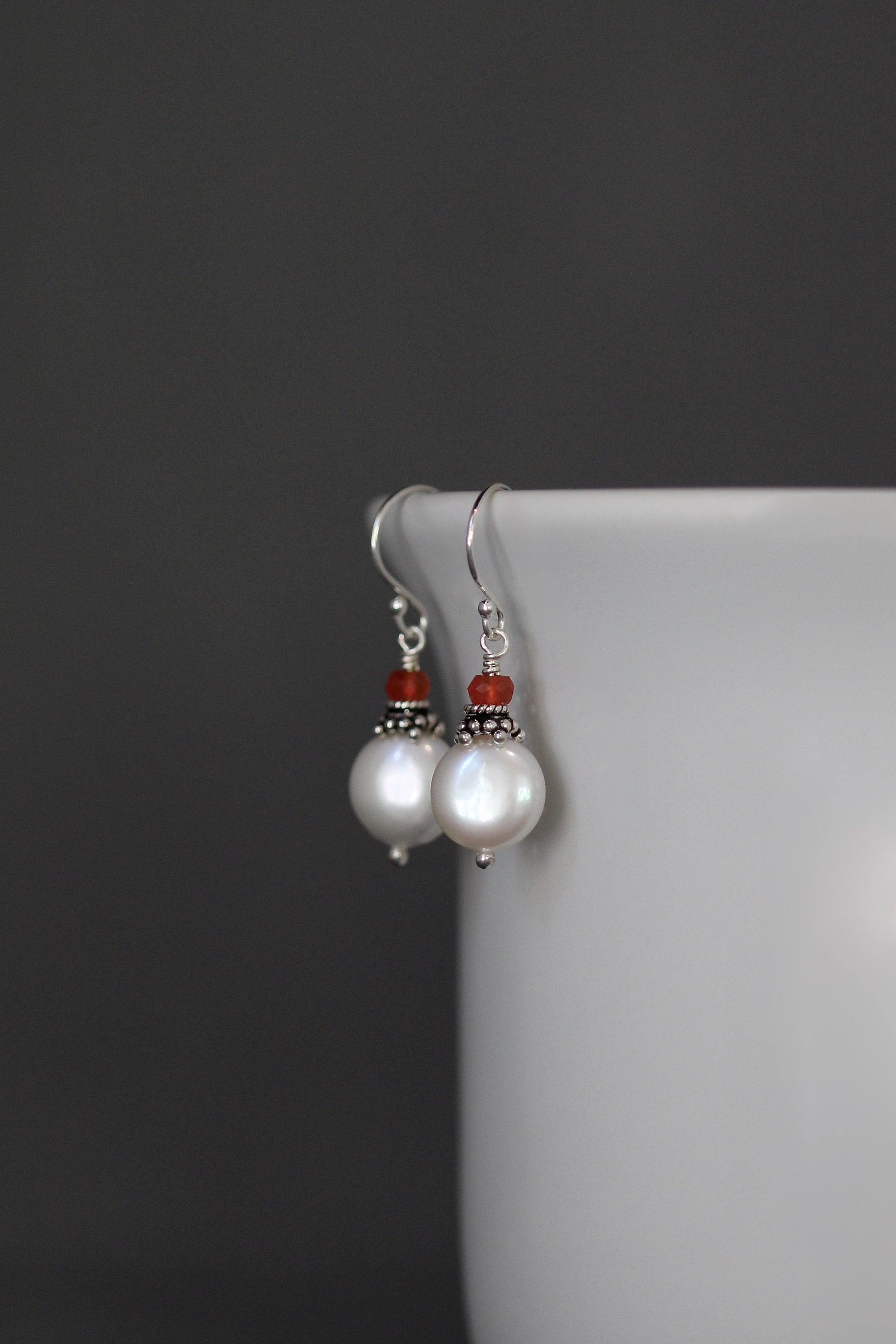 Freshwater Coin Pearl and Carnelian Sterling Silver Dangle Earrings
