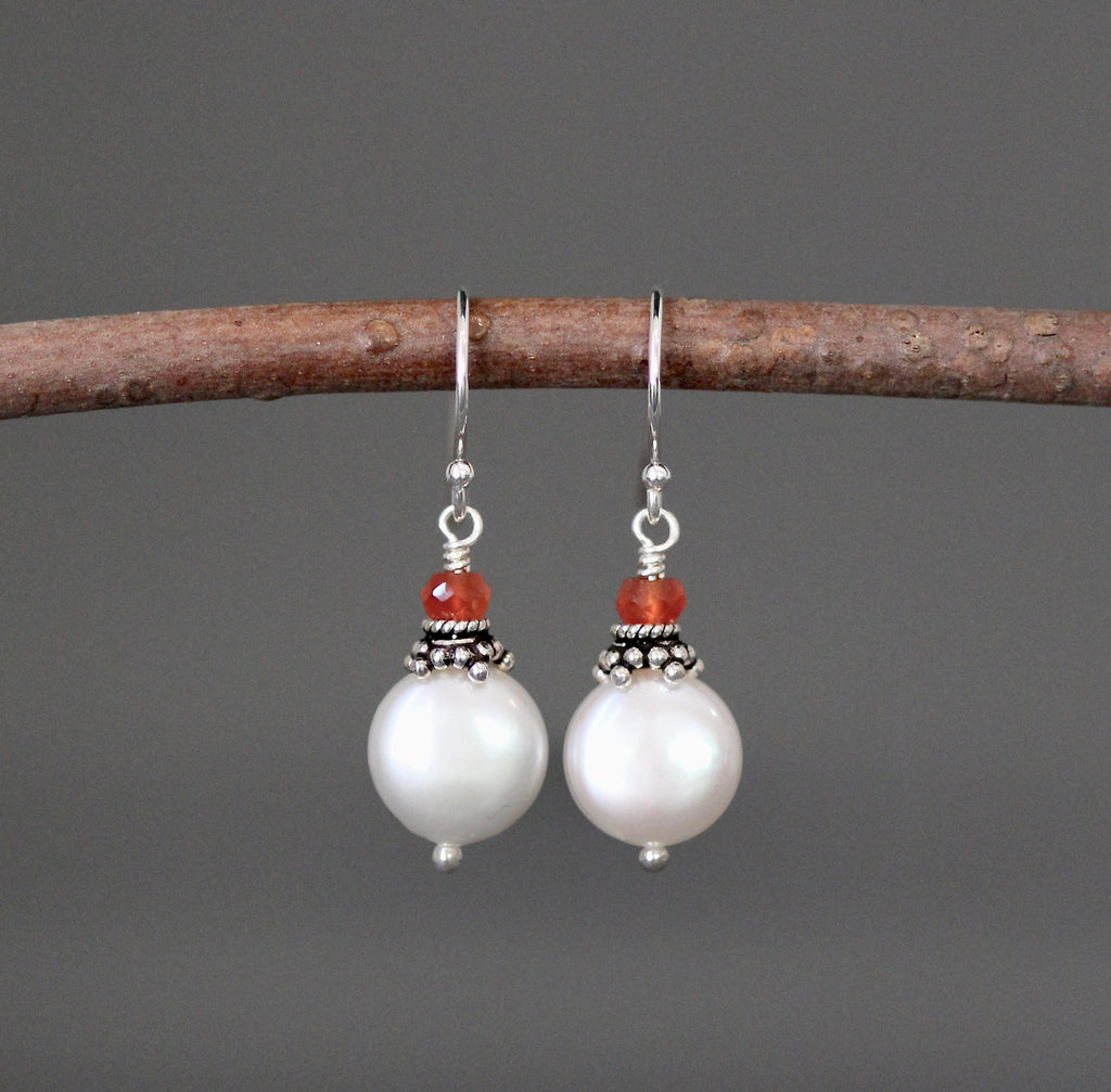 Freshwater Coin Pearl and Carnelian Sterling Silver Dangle Earrings