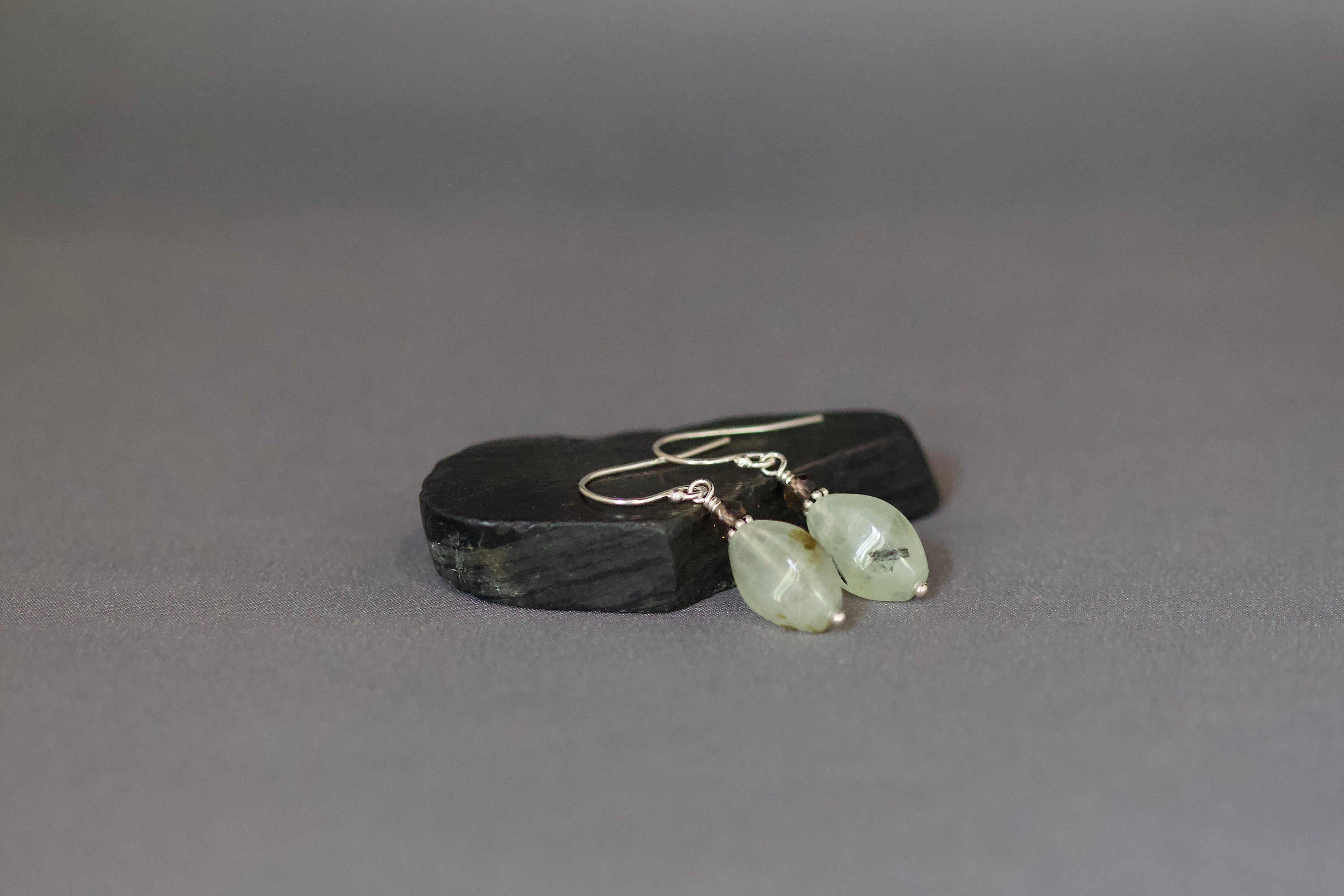 Prehnite and Smokey Quartz Sterling Silver Dangle Earrings