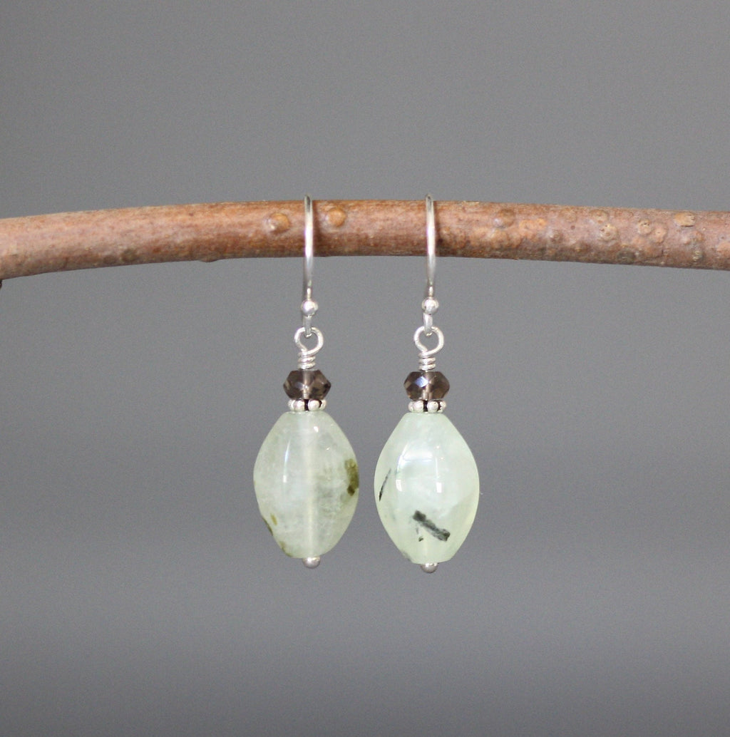 Prehnite and Smokey Quartz Sterling Silver Dangle Earrings