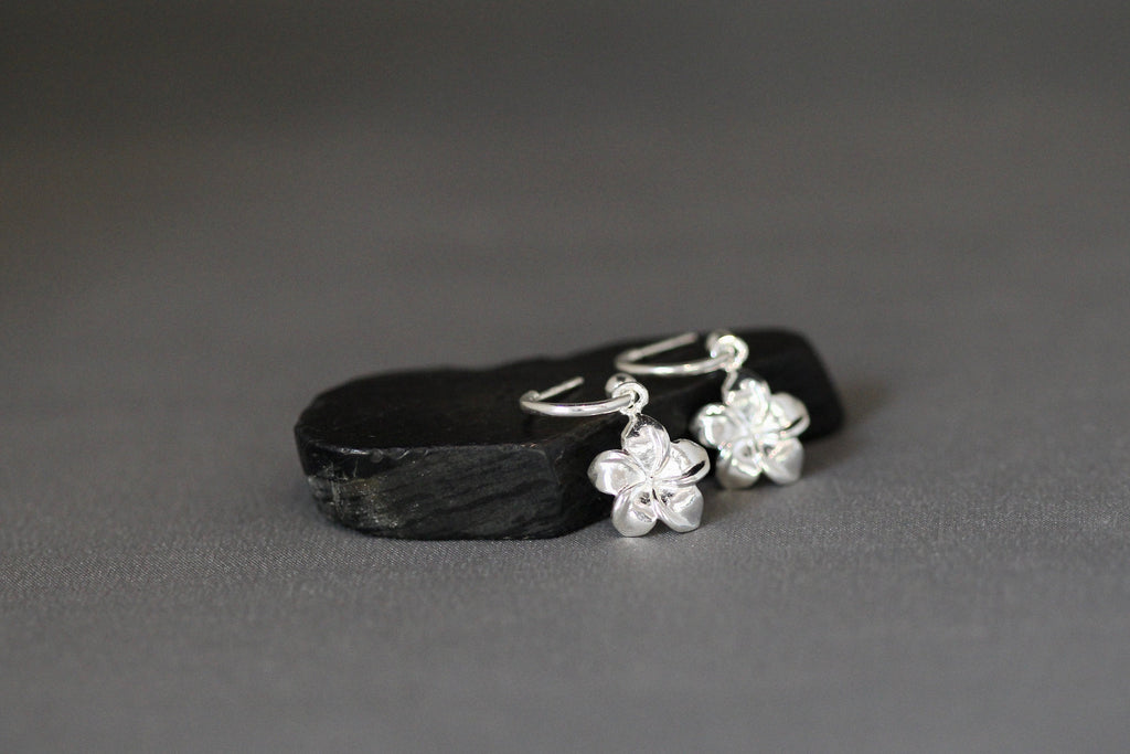 Silver Plumeria Flower Charm Earrings with Removable Post Hoops