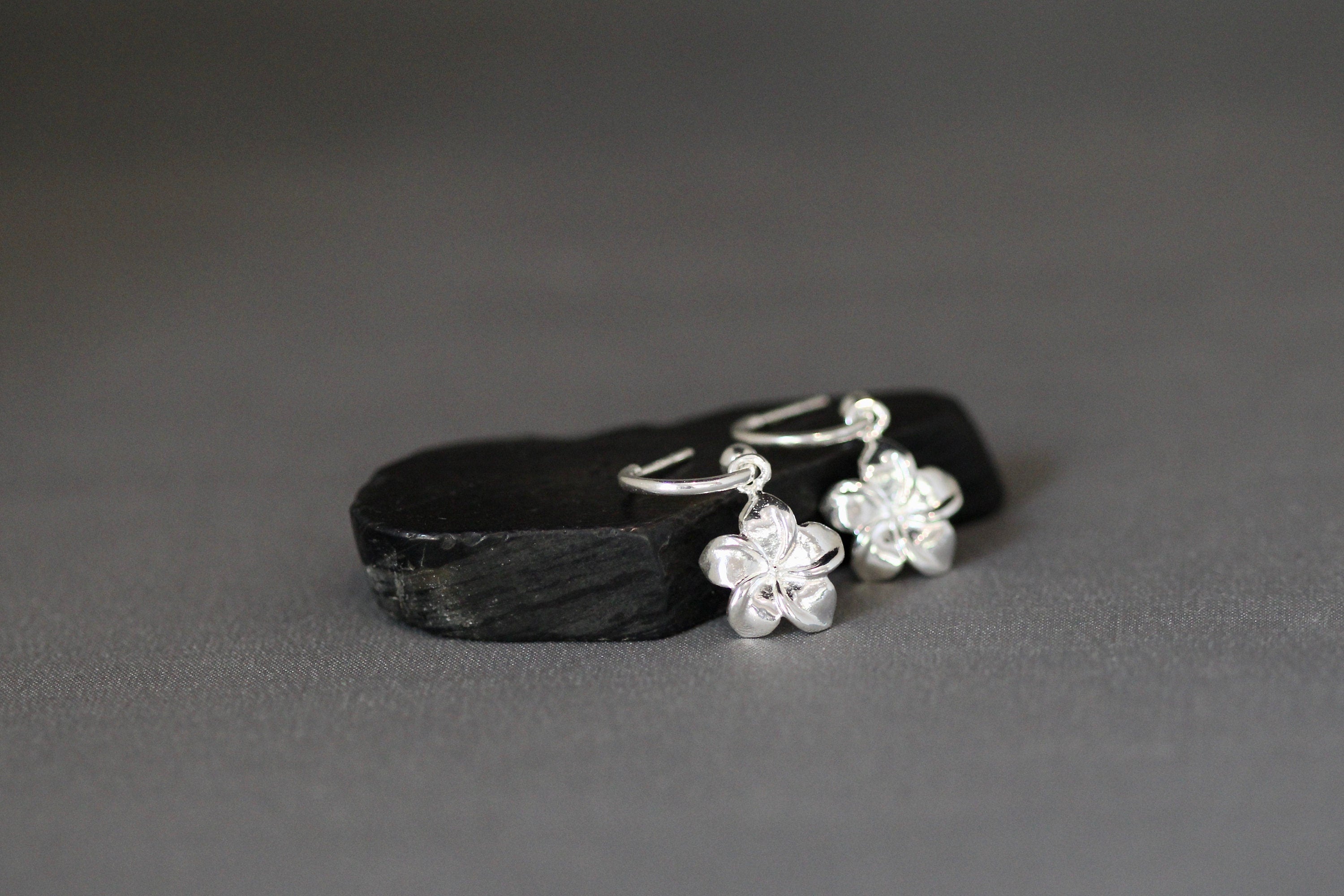 Silver Plumeria Flower Charm Earrings with Removable Post Hoops