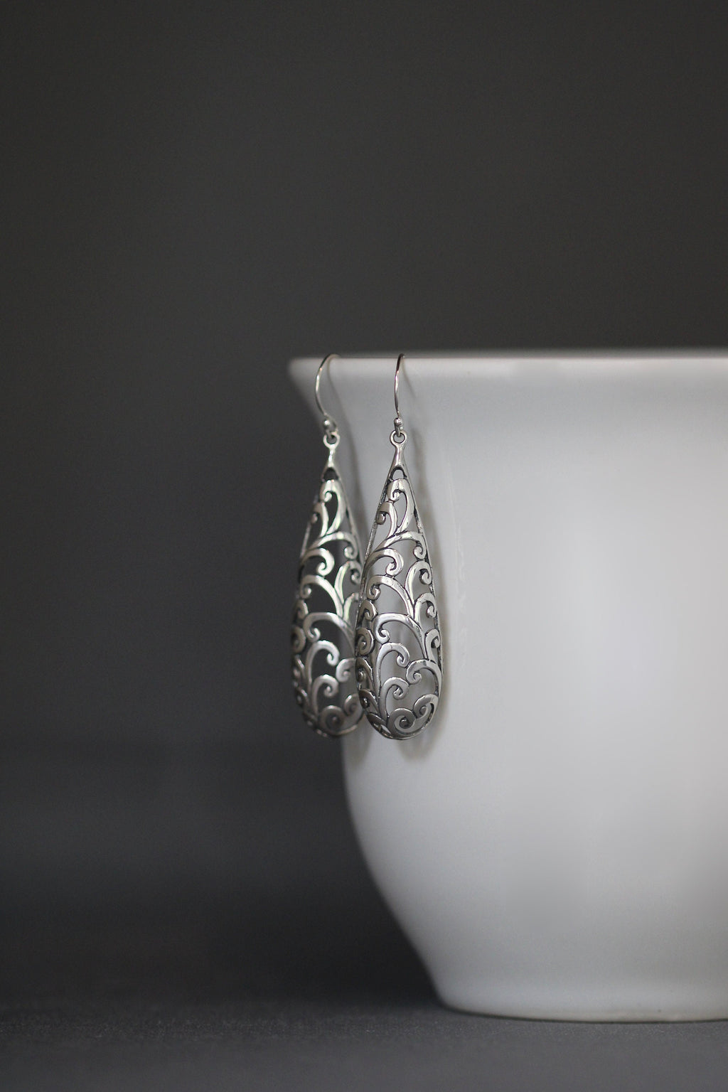 Long Bali Sterling Silver Filigree Drop Statement Earrings
