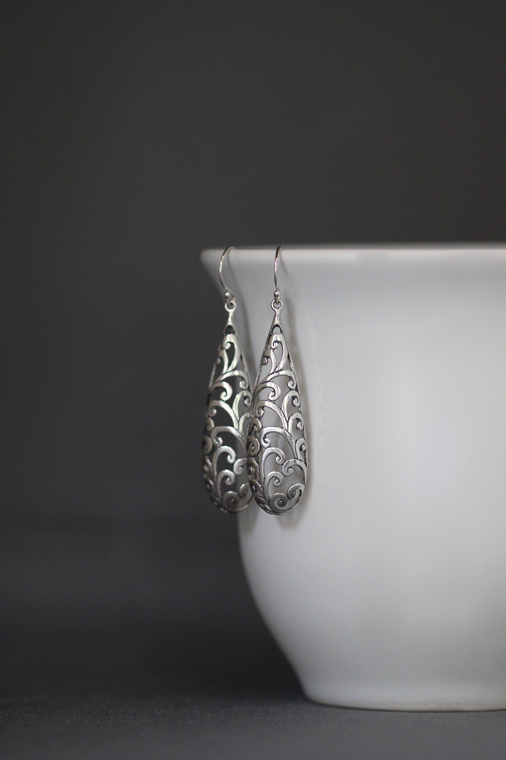 Long Bali Sterling Silver Filigree Drop Statement Earrings