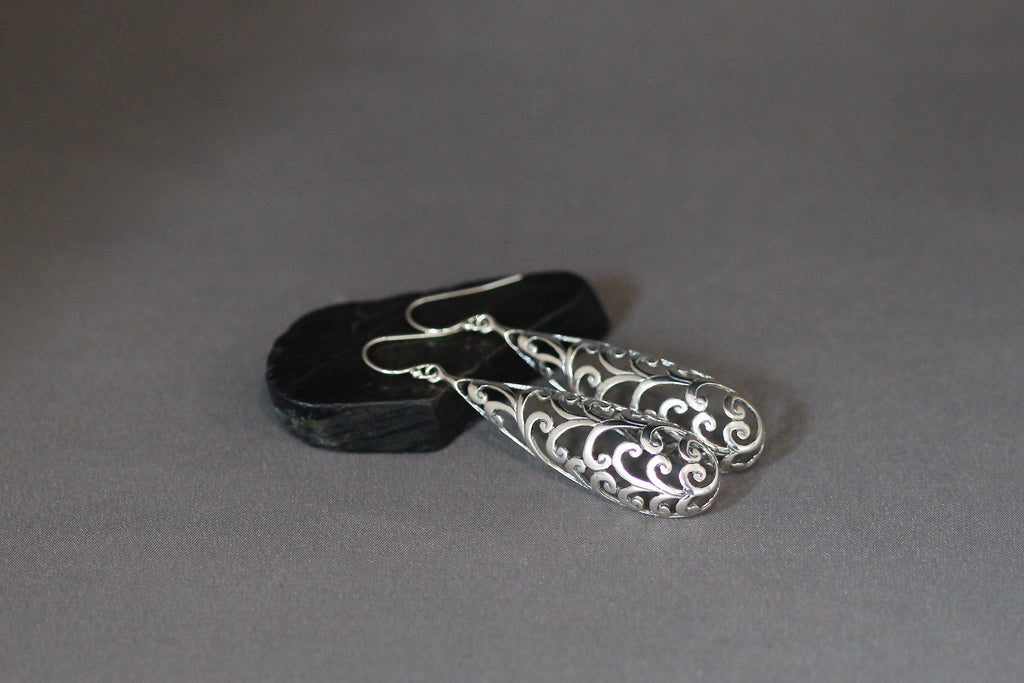 Long Bali Sterling Silver Filigree Drop Statement Earrings