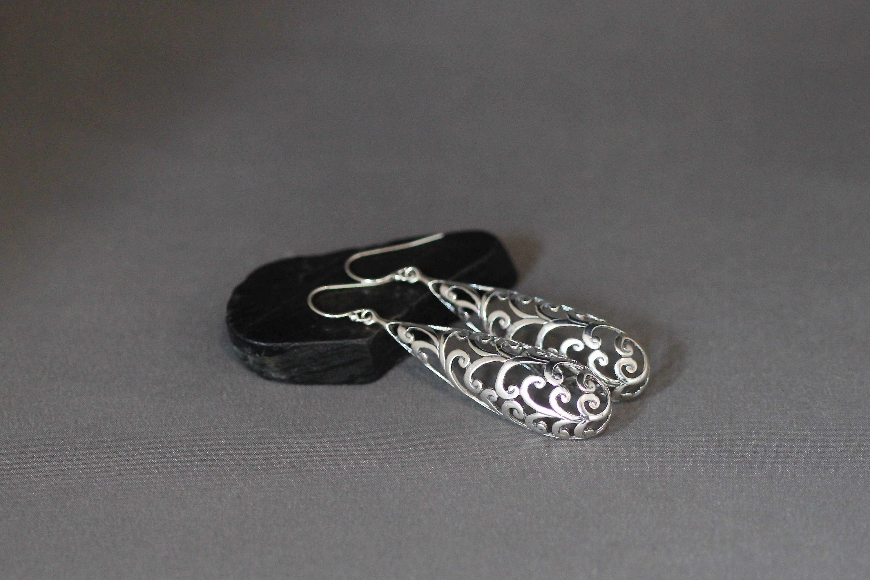 Long Bali Sterling Silver Filigree Drop Statement Earrings