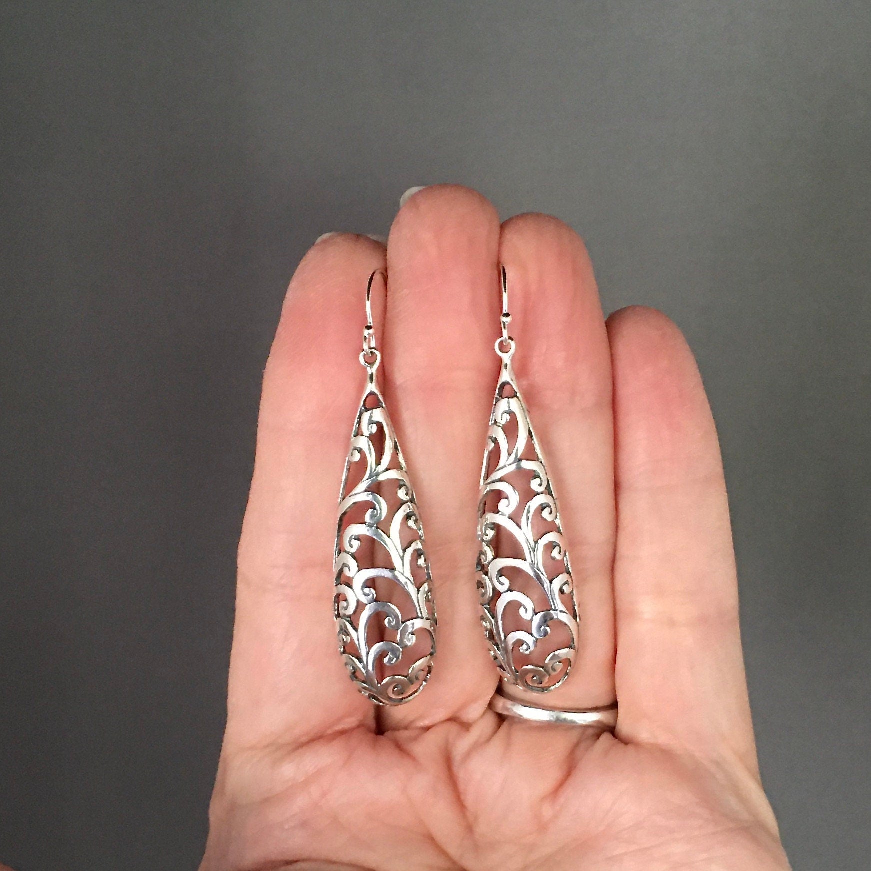 Long Bali Sterling Silver Filigree Drop Statement Earrings