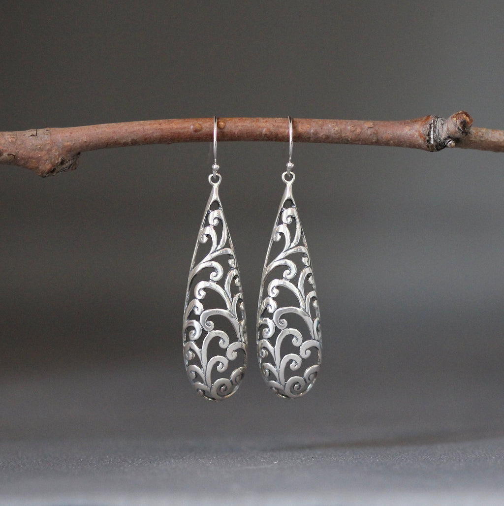 Long Bali Sterling Silver Filigree Drop Statement Earrings