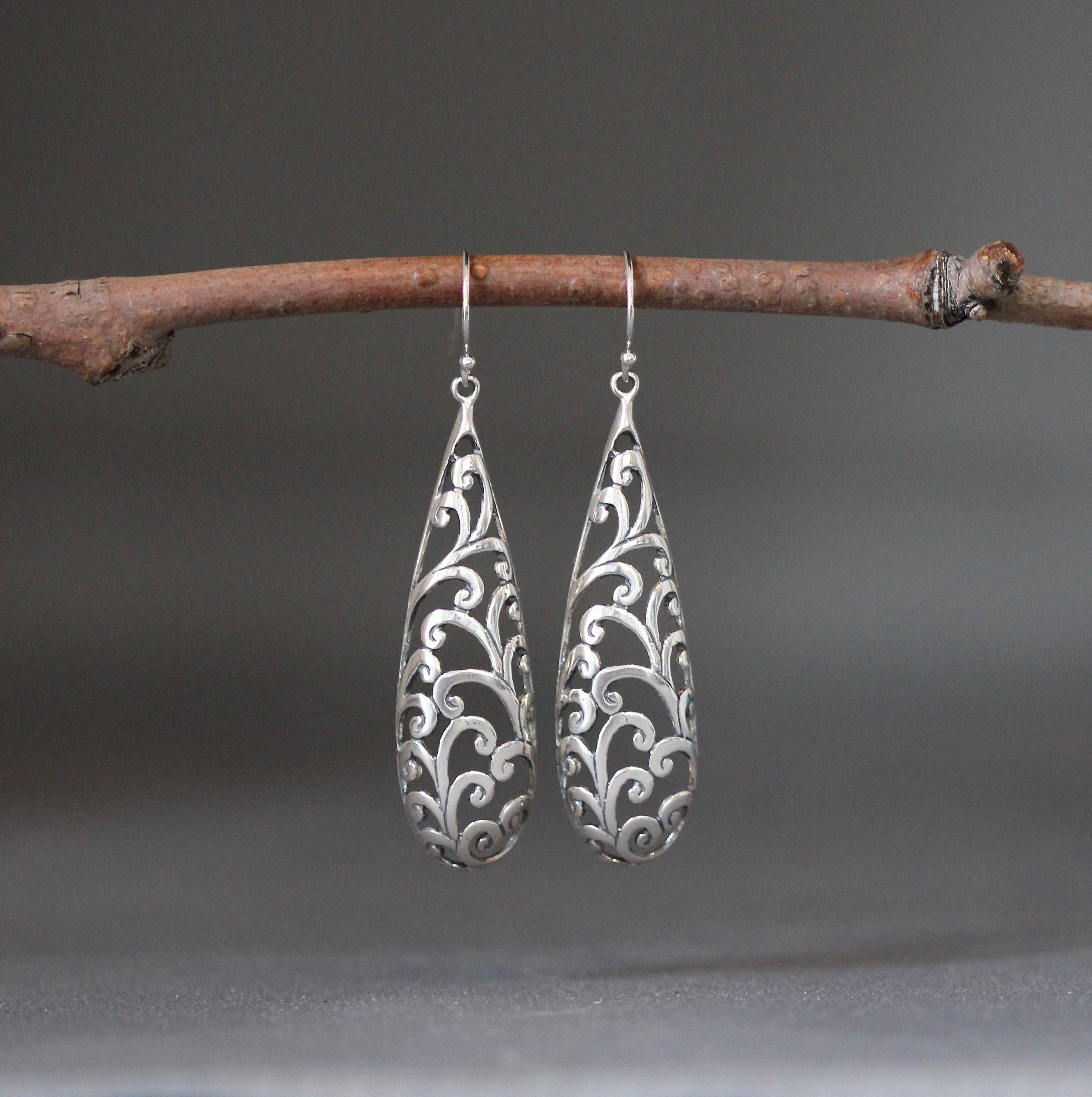 Long Bali Sterling Silver Filigree Drop Statement Earrings