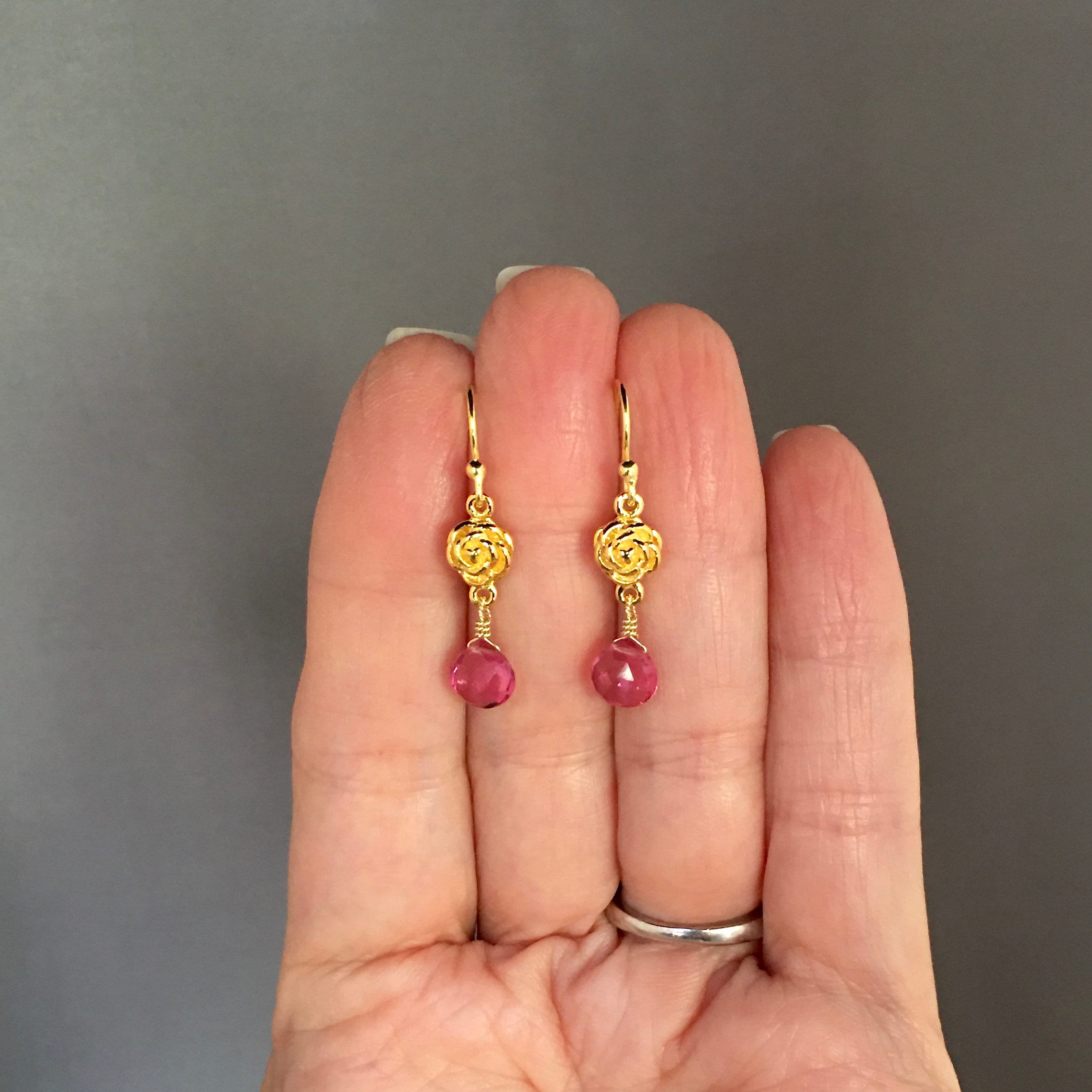 Pink Quartz Teardrop Earrings on Gold Vermeil Rosebud Links