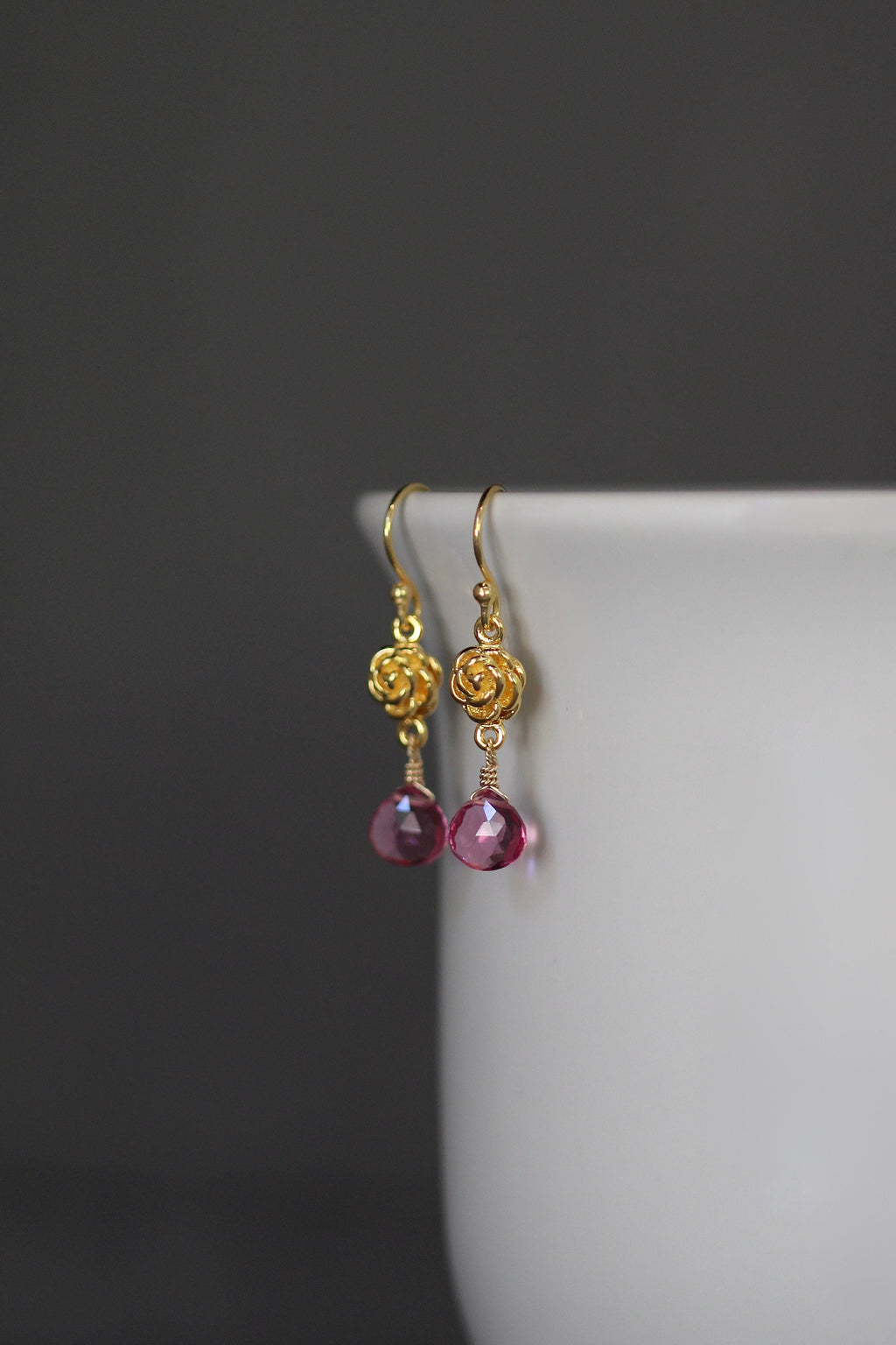 Pink Quartz Teardrop Earrings on Gold Vermeil Rosebud Links